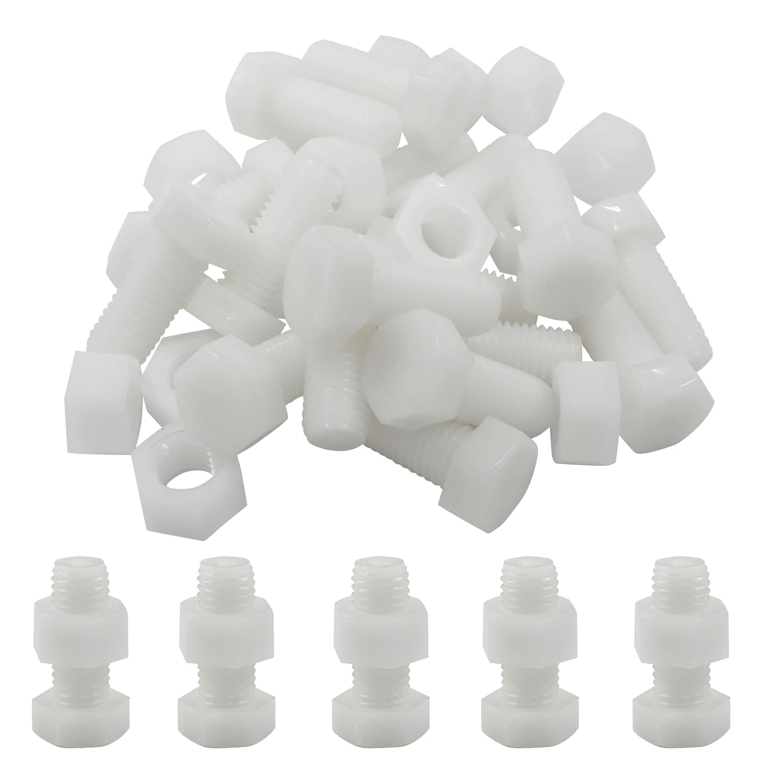 Biaungdo 20 Pair M12 x 30mm Nylon Hex Bolts, White Plastic Hex Bolts Full Thread Hex Head Screws and Nuts Set - Image 5