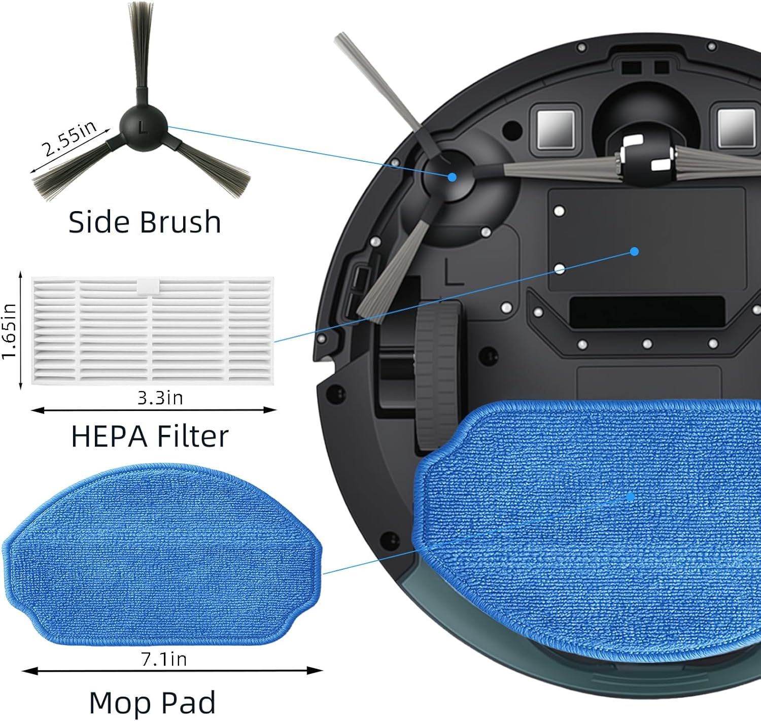 Replacement Parts or MAMNV BR151, or ZCWA BR151, or MANVINS G20, or Kilgone G20, or ONSON BR151, or MANVN BR151, or ZC WAS BR151, or iMartine BR151 Robot Vacuum,6 Side Brush,4 Mop Pad,4 ilter - Image 8