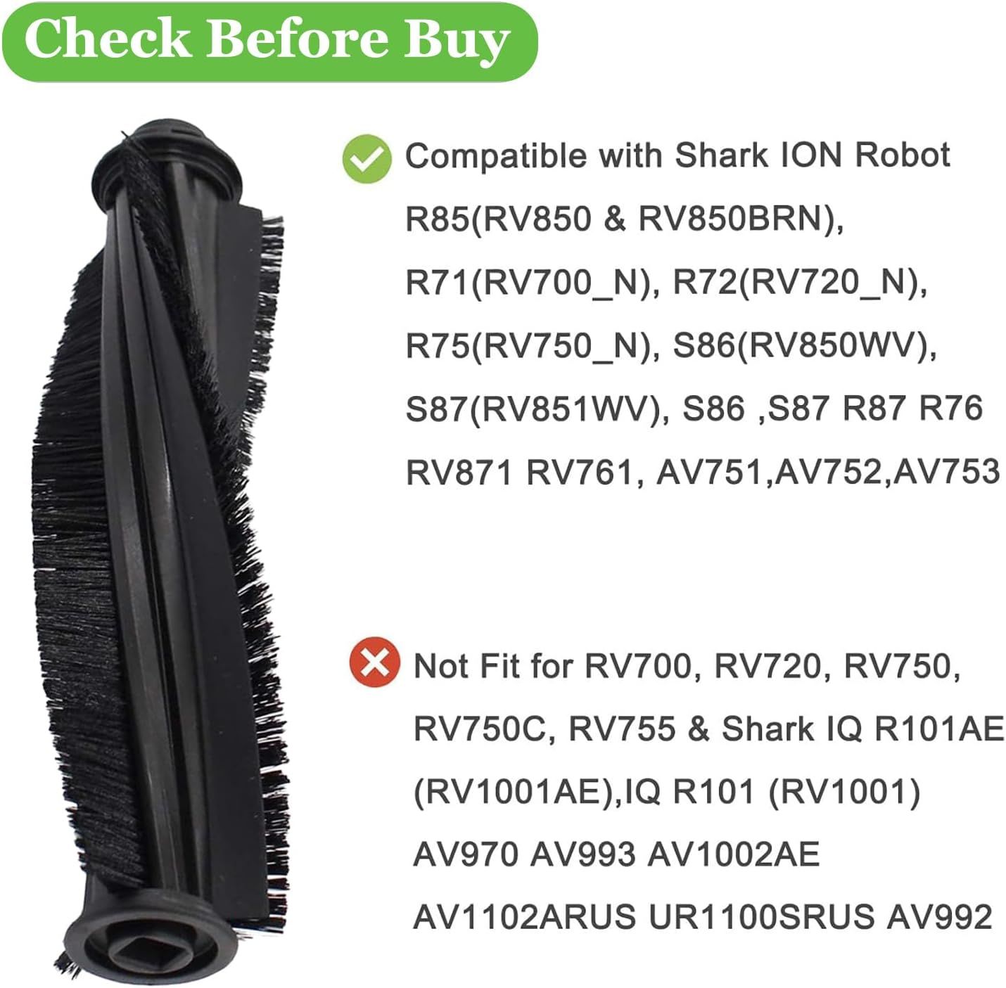 Main Roller Brush or Shark ION AV753 AV752 AV751 R85 RV850 S86 S87 S88 R71 R72 R75 RV761 RV771 RV871 ION Robot Vacuum Cleaner Replacement Accessories - Image 2
