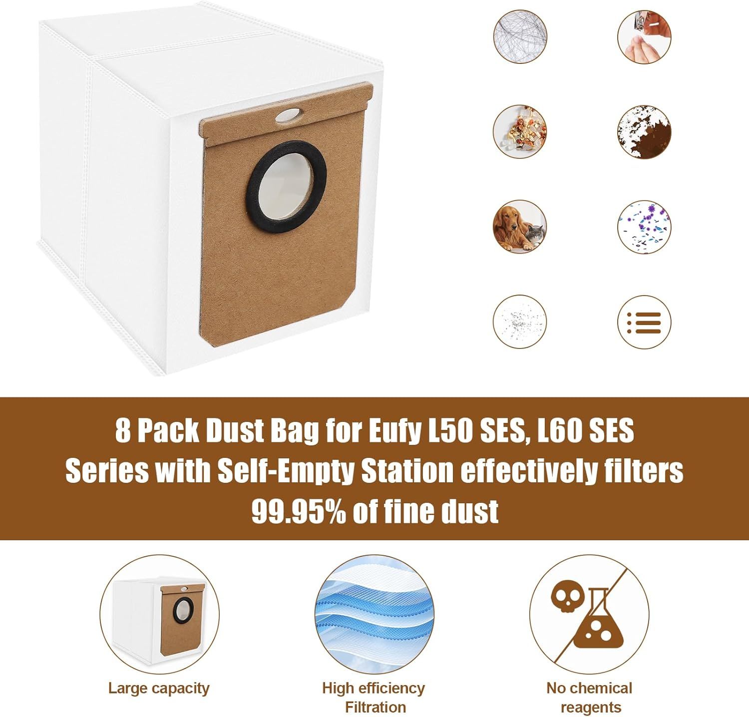 8 Pack Dust Bag or Euy L50 SES, L60 SES Series Robot Vacuum Cleaner with Sel-Empty Station,Replacement Parts Bags or Conga Home 10000, 8090 Ultra, 9090 AI, or Haier H9 + Dirt Disposal Bags - Image 5