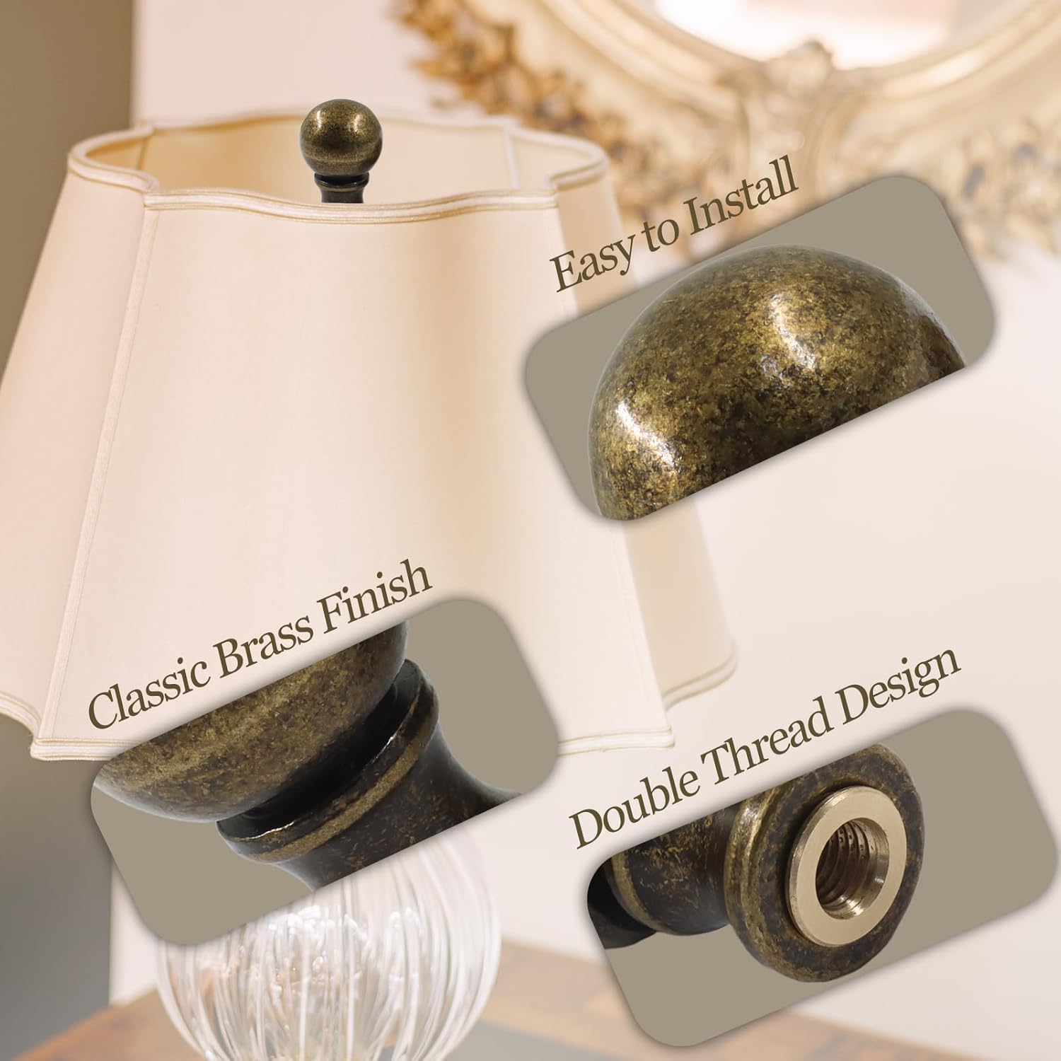 Biaungdo 2 Pcs Solid Brass Lamp Finial Cap Knob with Dual-Thread Screw, Lamp Shade Screw Cap Top Lamps Decoration for Lamps Shade Holder, 3/8 Inch & 1/4-27 Inch - Image 2