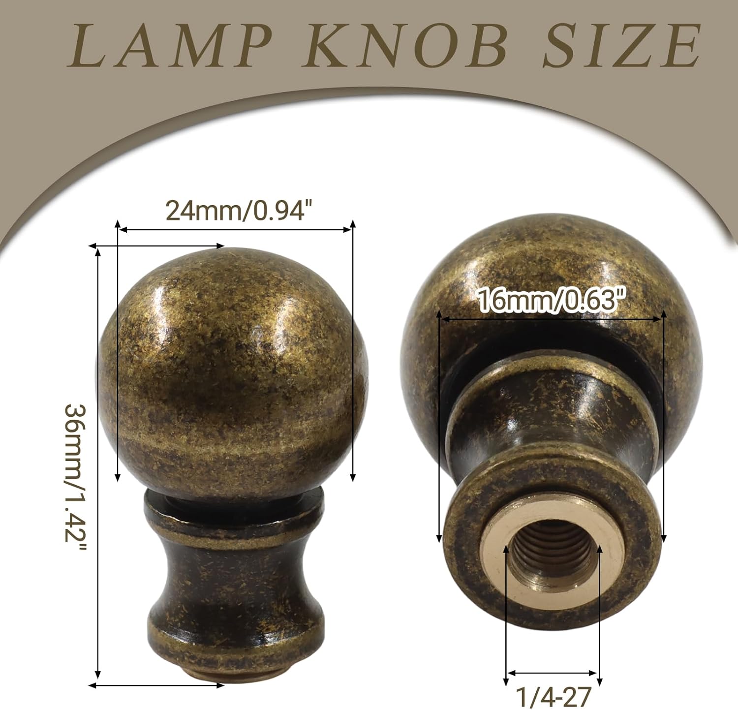 Biaungdo 2 Pcs Solid Brass Lamp Finial Cap Knob with Dual-Thread Screw, Lamp Shade Screw Cap Top Lamps Decoration for Lamps Shade Holder, 3/8 Inch & 1/4-27 Inch - Image 4
