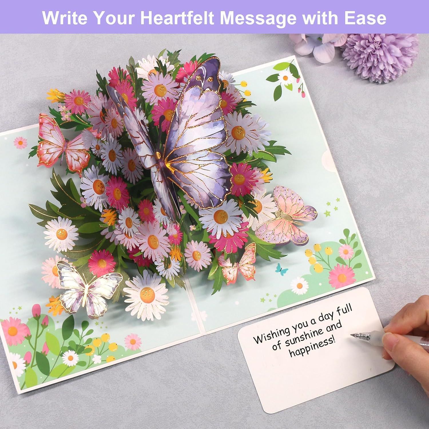 Birthday Card or Wie, Beautiul 3D Butterly Pop-Up Greeting Card with Envelope, Heartelt Birthday Gits or Wie, Husband, Girlriend, Mom, Dad, Sister, riend on Special Day (Purple) - Image 5