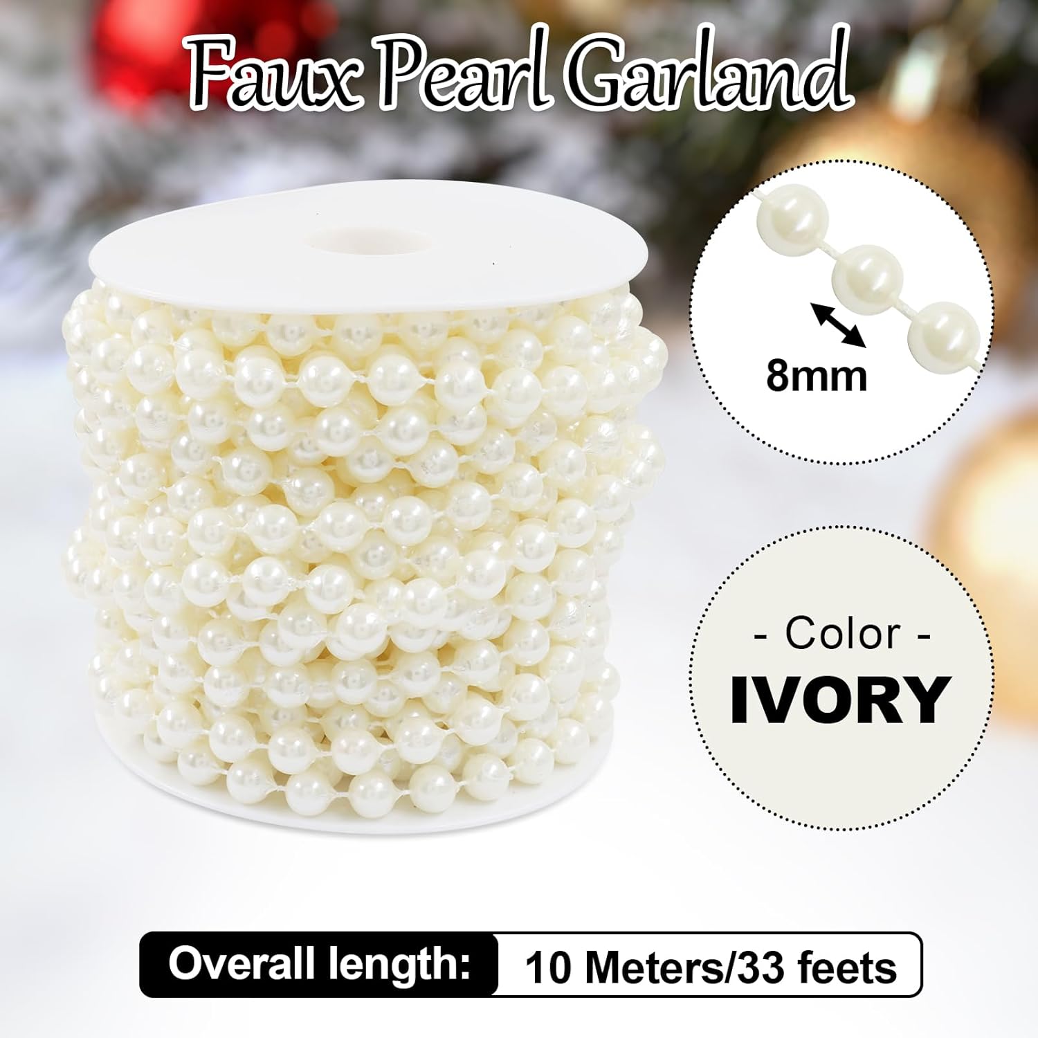 Biaungdo 8mm Millet Beads Faux Pearl Roll Strand, 10 Meters / 33 Feets Ivory Crafts String Faux Pearl Garland for Wedding Centerpieces, Christmas Tree, Party & Floral Decorations DIY - Image 4
