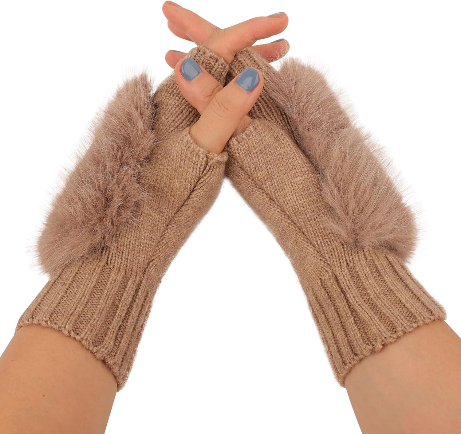 Women Wool Knit ingerless Gloves urry Mittens Wrist Warmers - Image 3