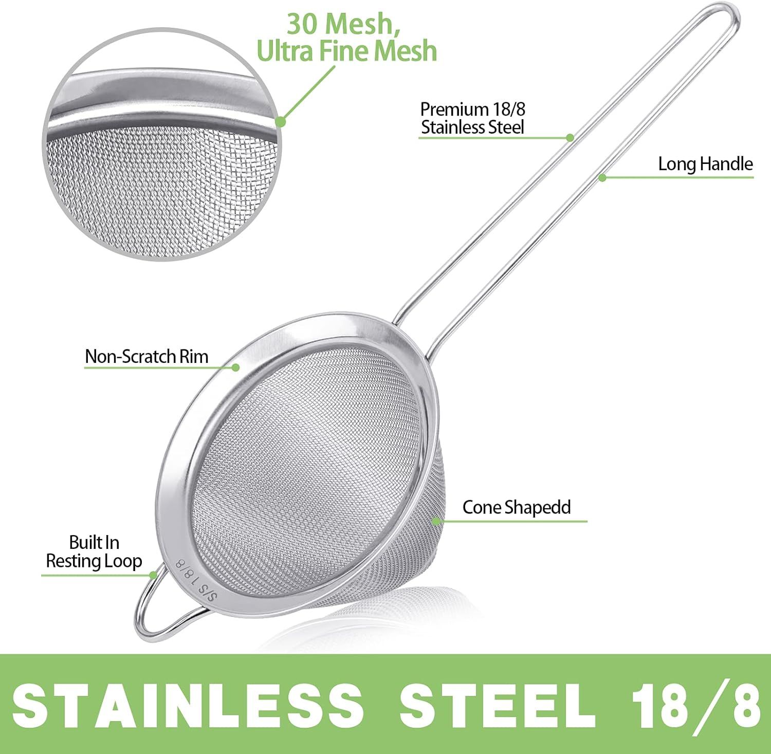 2 Pack Stainless Steel 18/8 Small ood Strainer, ine Mesh Sieve with Long Handle, Cocktail Strainer or Cocktails, Tea Herbs, Coee & Drinks, Rust Proo & Great as Tea Strainer, 3.5inch - Image 4