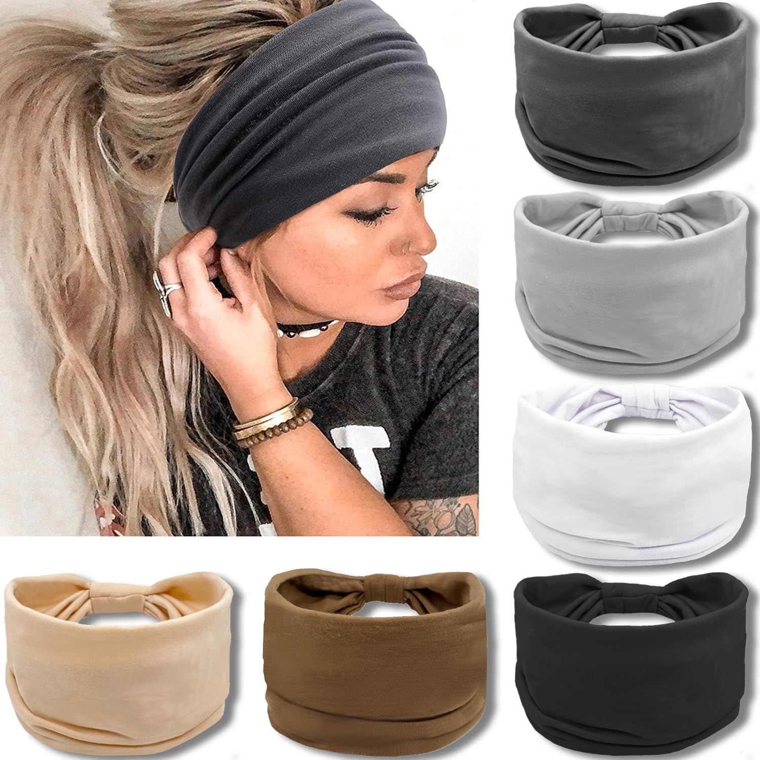 Wide Headbands or Women, Neutral Knotted Head Wraps Turbans, Large Arican Style Head Bands Hair Accessories, 6 Pack - Image 1