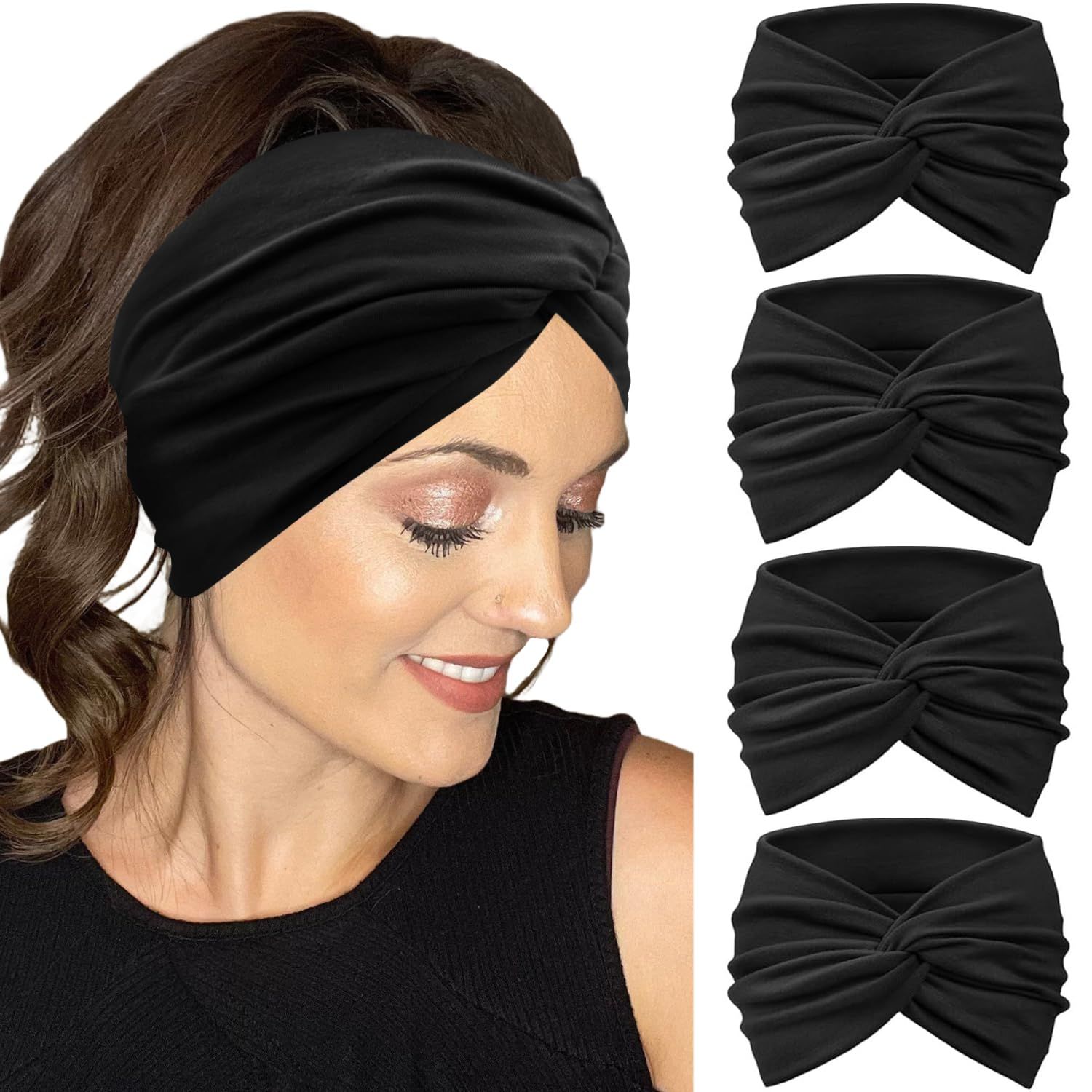 Extra Wide Headbands or Women Non-Slip, 7'' Large Twist Knotted Stretchy Wraps Head Bands Hair Accessories, 4 Pack, Black - Image 1