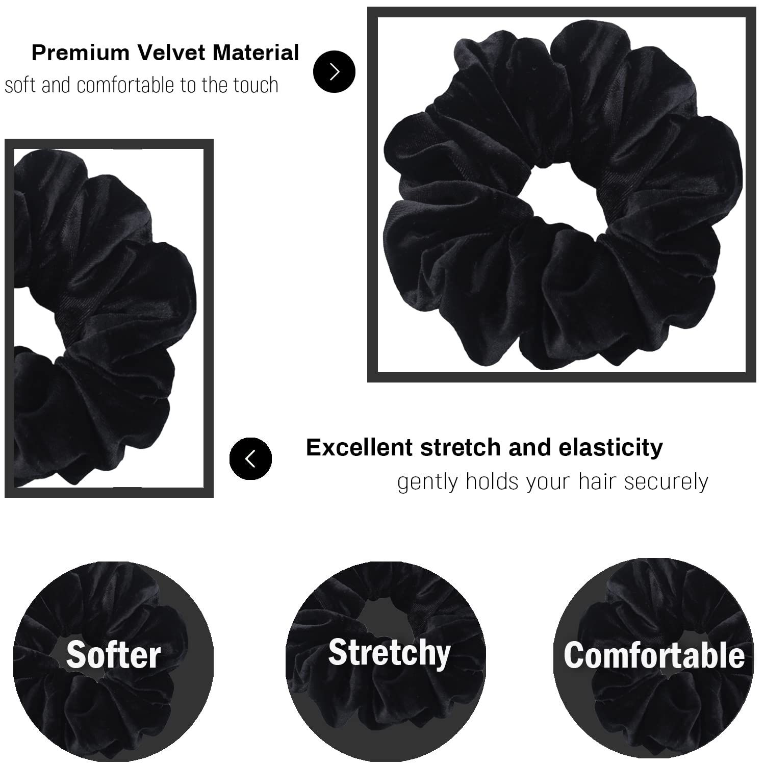 Extra Large Scrunchies or Women's Thick Hair, Premium Velvet Sot Jumbo Scrunchy, XL 6 inch Big Elastic Band Hair Accessories, 4 Pack, Black - Image 4