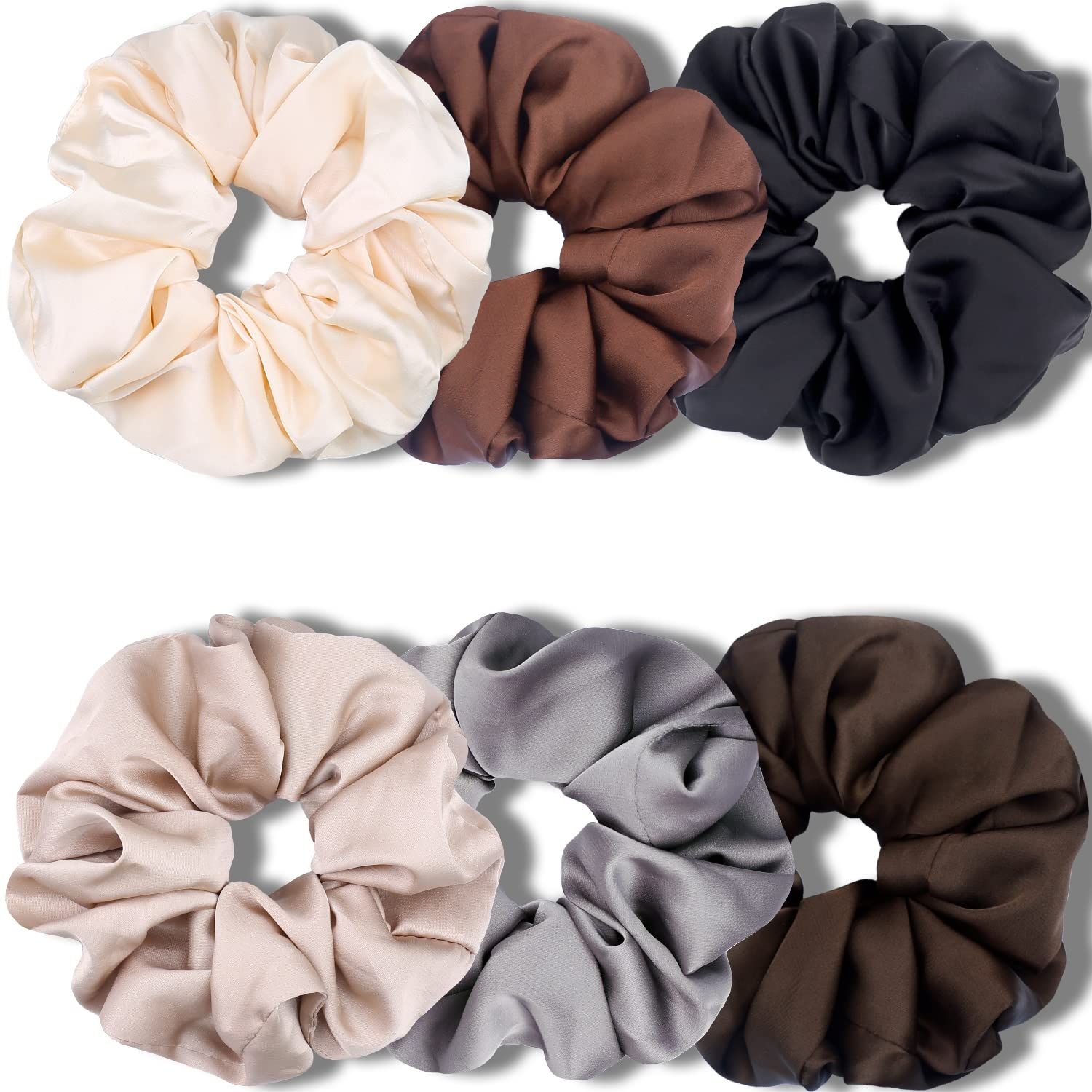 Big Scrunchies or Women Thick Hair, Premium Satin Soter than Silk, XL 6 Inch Extra Large Scrunchy Elastic Hair Bands Accessories, 6 Pack, Neutral - Image 1