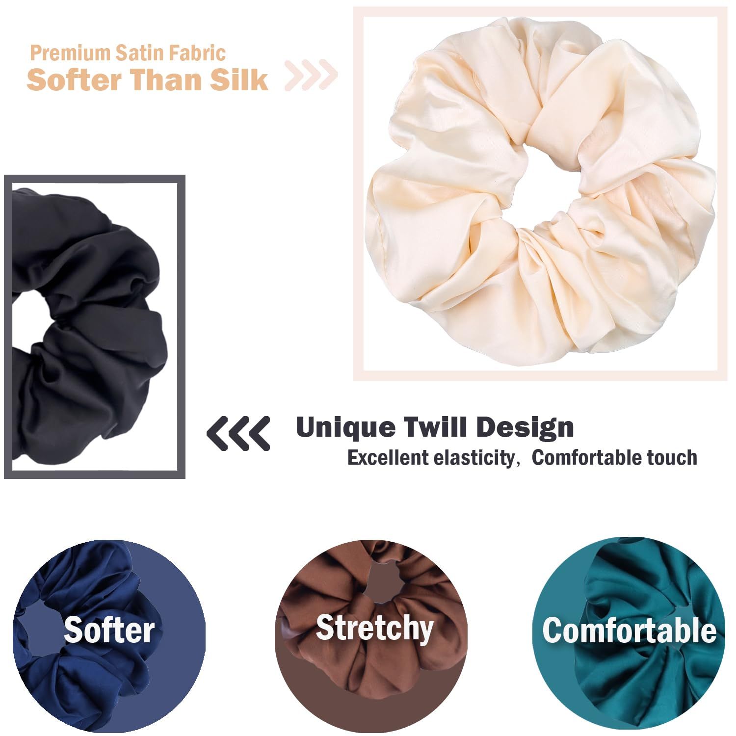 Big Scrunchies or Women Thick Hair, Premium Satin Soter than Silk, XL 6 Inch Extra Large Scrunchy Elastic Hair Bands Accessories, 6 Pack, Neutral - Image 2
