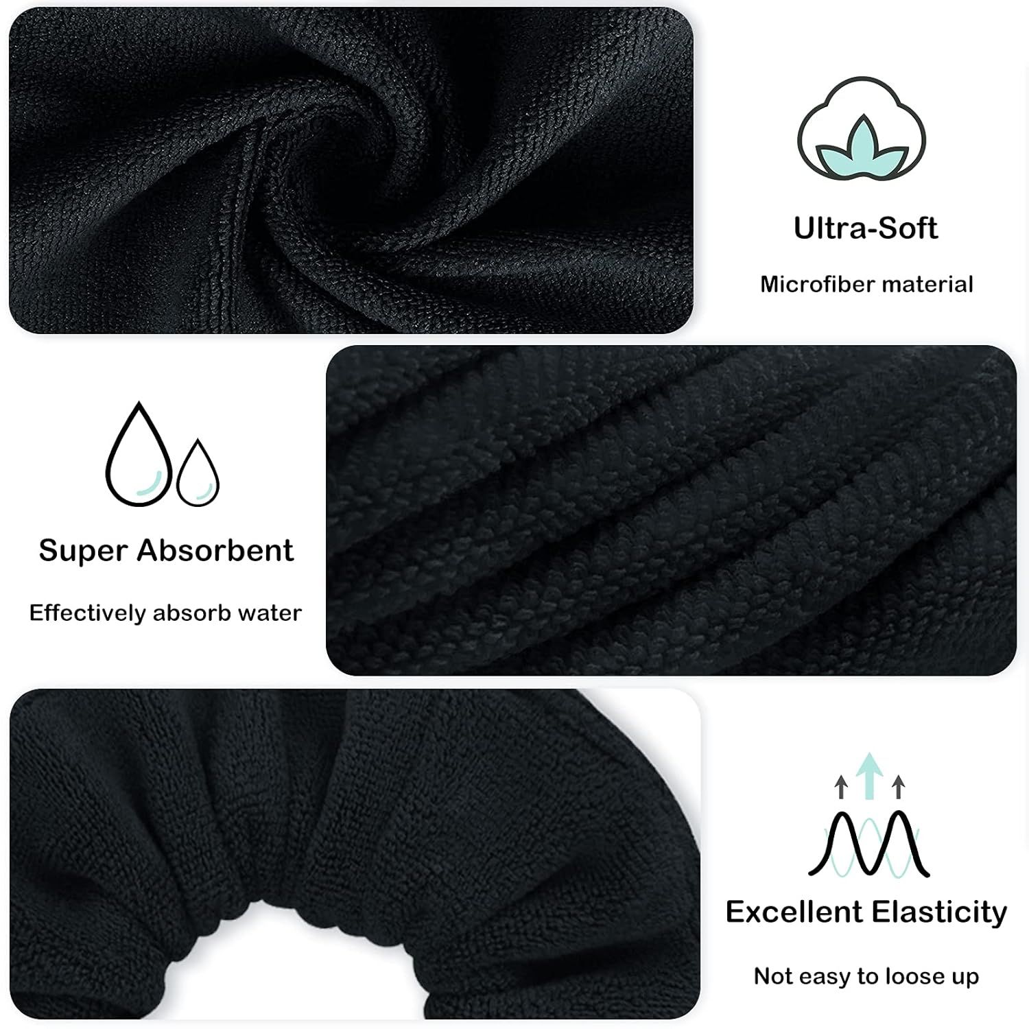 Super Towel Scrunchies or Drying Hair, Absorbent and Sot Microiber or rizz ree, Large Thick Ponytail Holder Wet Hair Accessories or Women and Girls, 4 PCS (Black) - Image 2