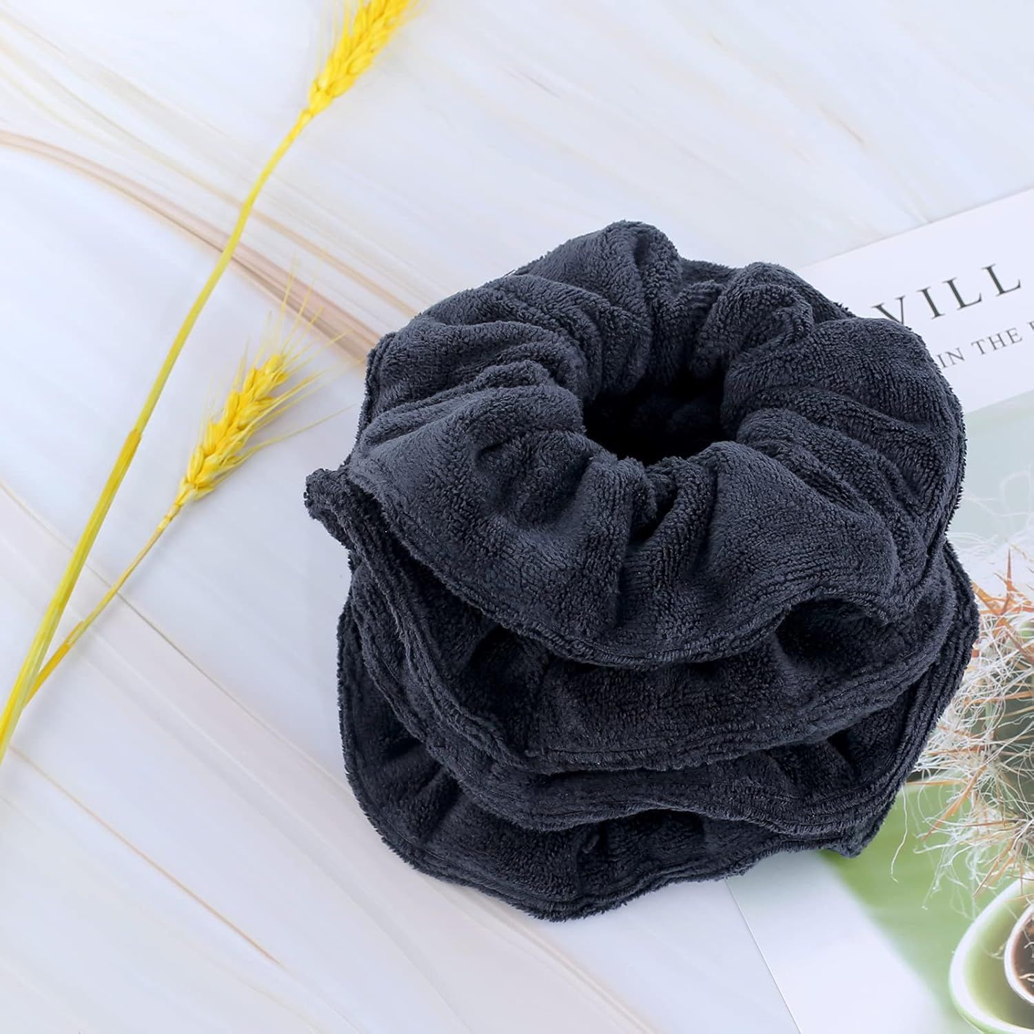 Super Towel Scrunchies or Drying Hair, Absorbent and Sot Microiber or rizz ree, Large Thick Ponytail Holder Wet Hair Accessories or Women and Girls, 4 PCS (Black) - Image 5