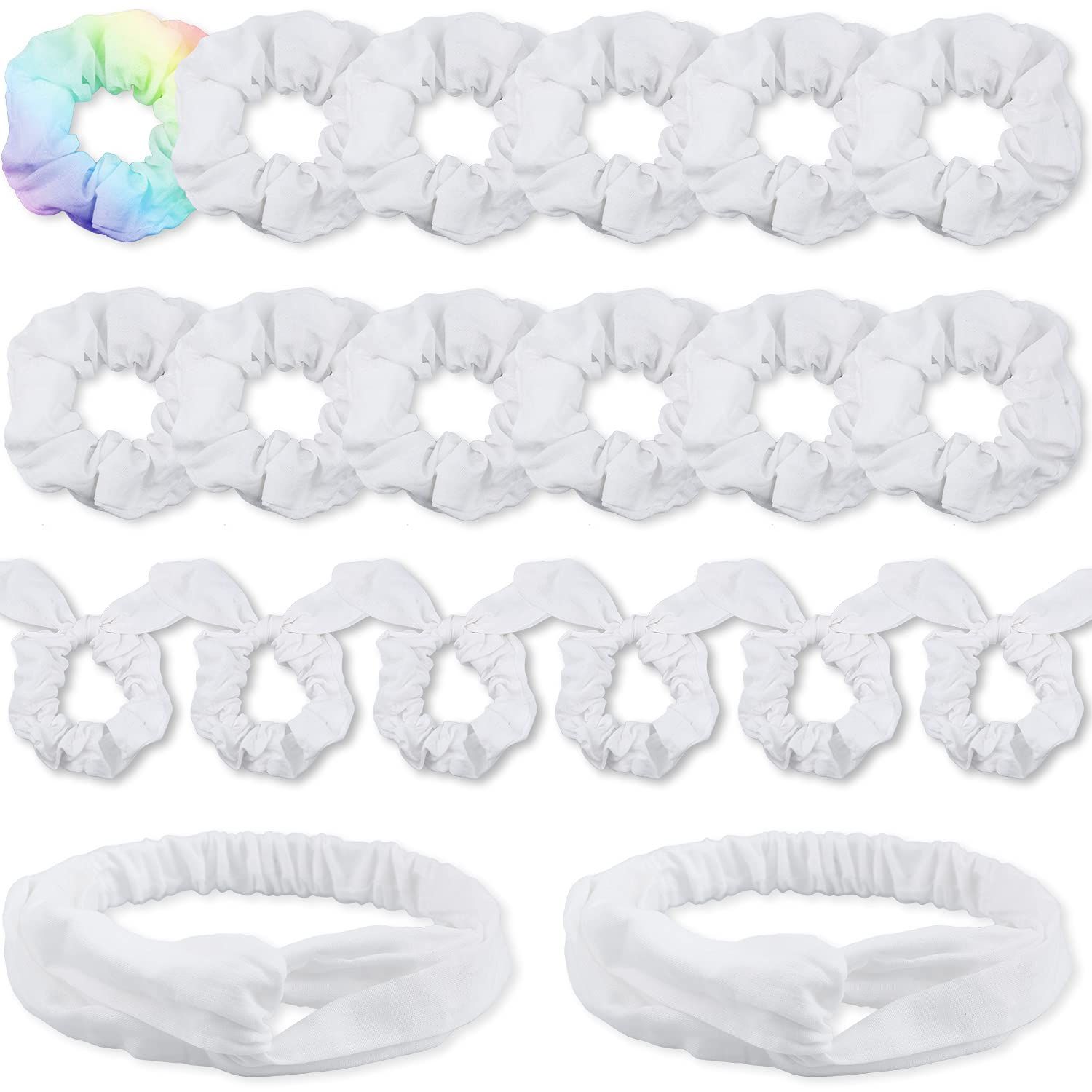 White Scrunchies or Tie Dye, DIY Cotton Bow Scrunchies, Headbands, 3 Kinds o Party Activities Hair Accessories or Girls and Women, 20 Pieces - Image 1