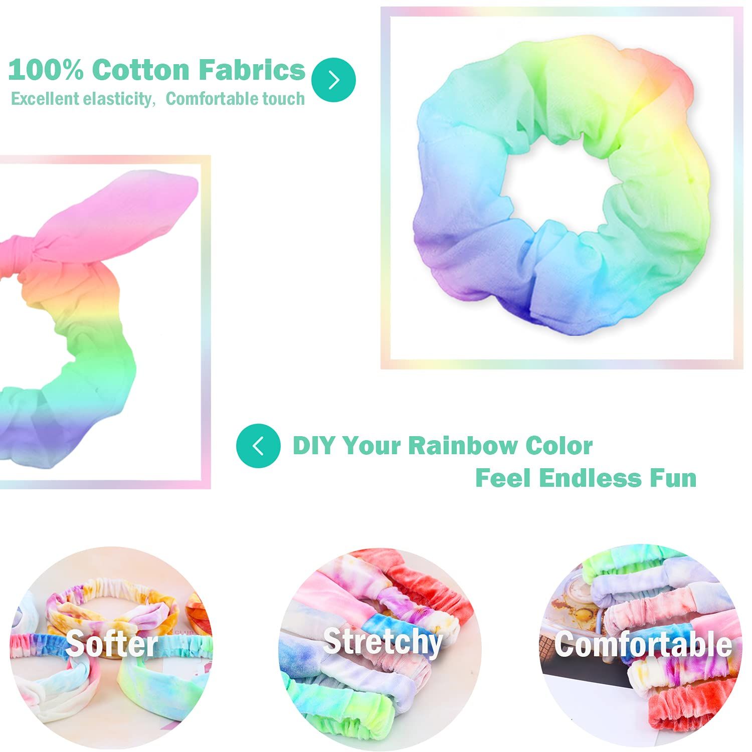 White Scrunchies or Tie Dye, DIY Cotton Bow Scrunchies, Headbands, 3 Kinds o Party Activities Hair Accessories or Girls and Women, 20 Pieces - Image 3