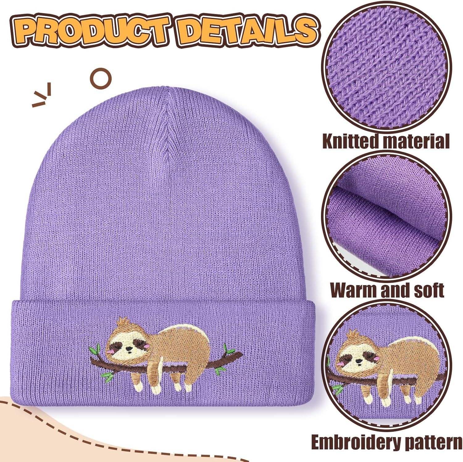 Sloth Beanie Winter Purple Hat or Women Cute Sloth Knitted Cap Winter Crochet Hat Gits or Women Animal Lovers - Image 2