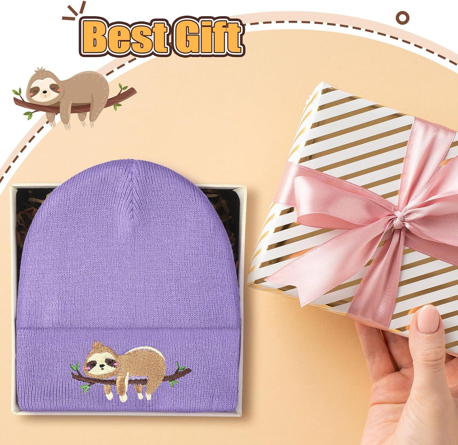 Sloth Beanie Winter Purple Hat or Women Cute Sloth Knitted Cap Winter Crochet Hat Gits or Women Animal Lovers - Image 4