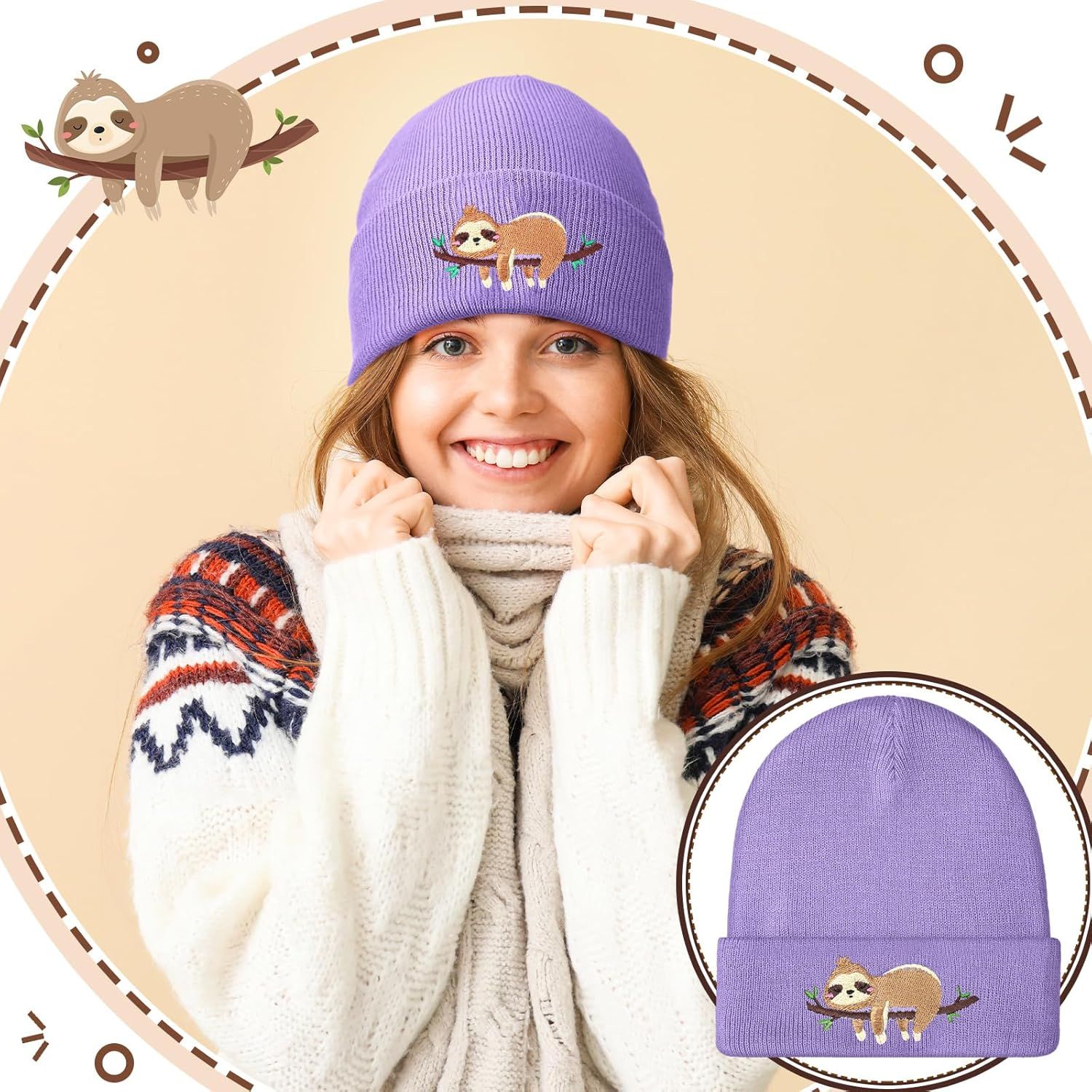 Sloth Beanie Winter Purple Hat or Women Cute Sloth Knitted Cap Winter Crochet Hat Gits or Women Animal Lovers - Image 5