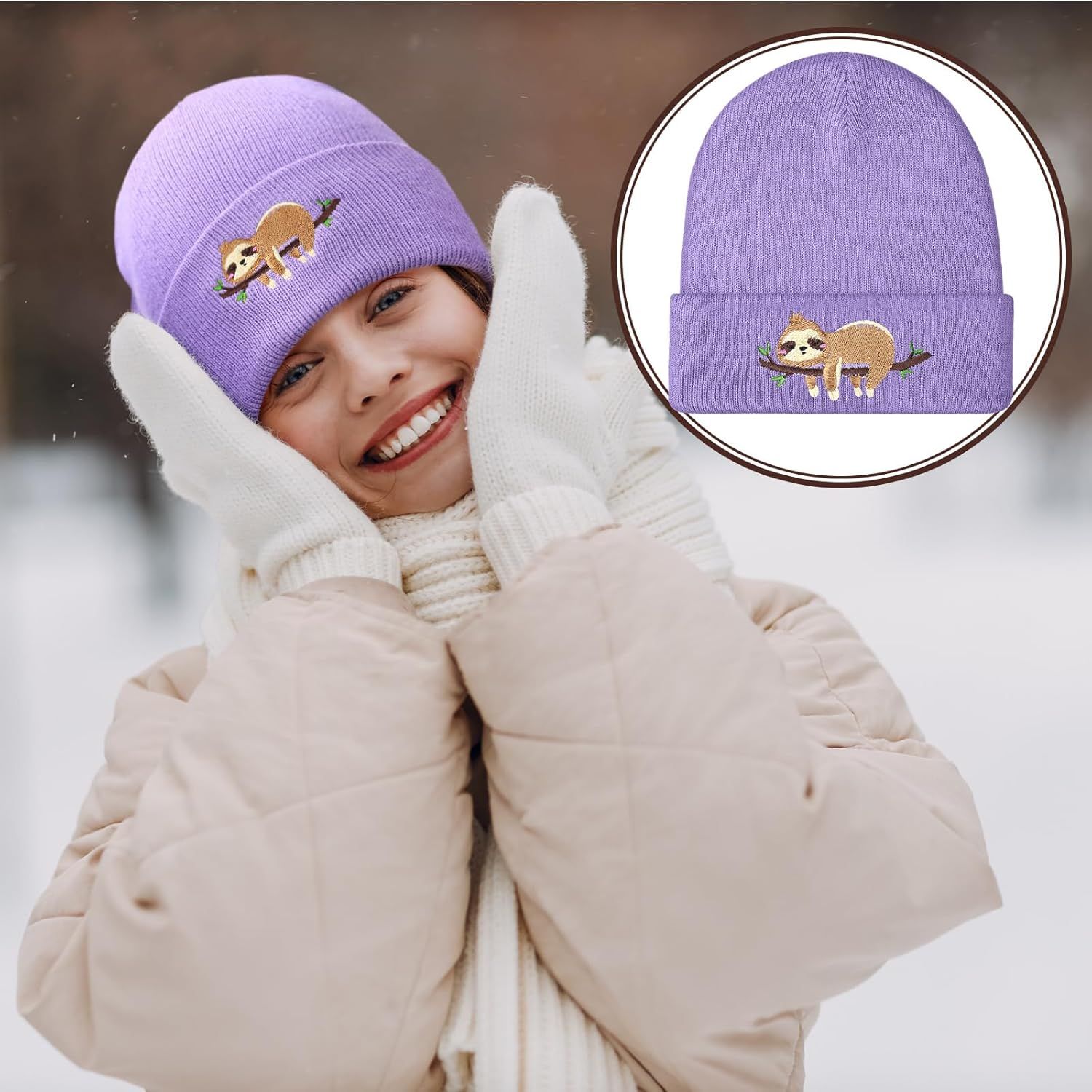 Sloth Beanie Winter Purple Hat or Women Cute Sloth Knitted Cap Winter Crochet Hat Gits or Women Animal Lovers - Image 6
