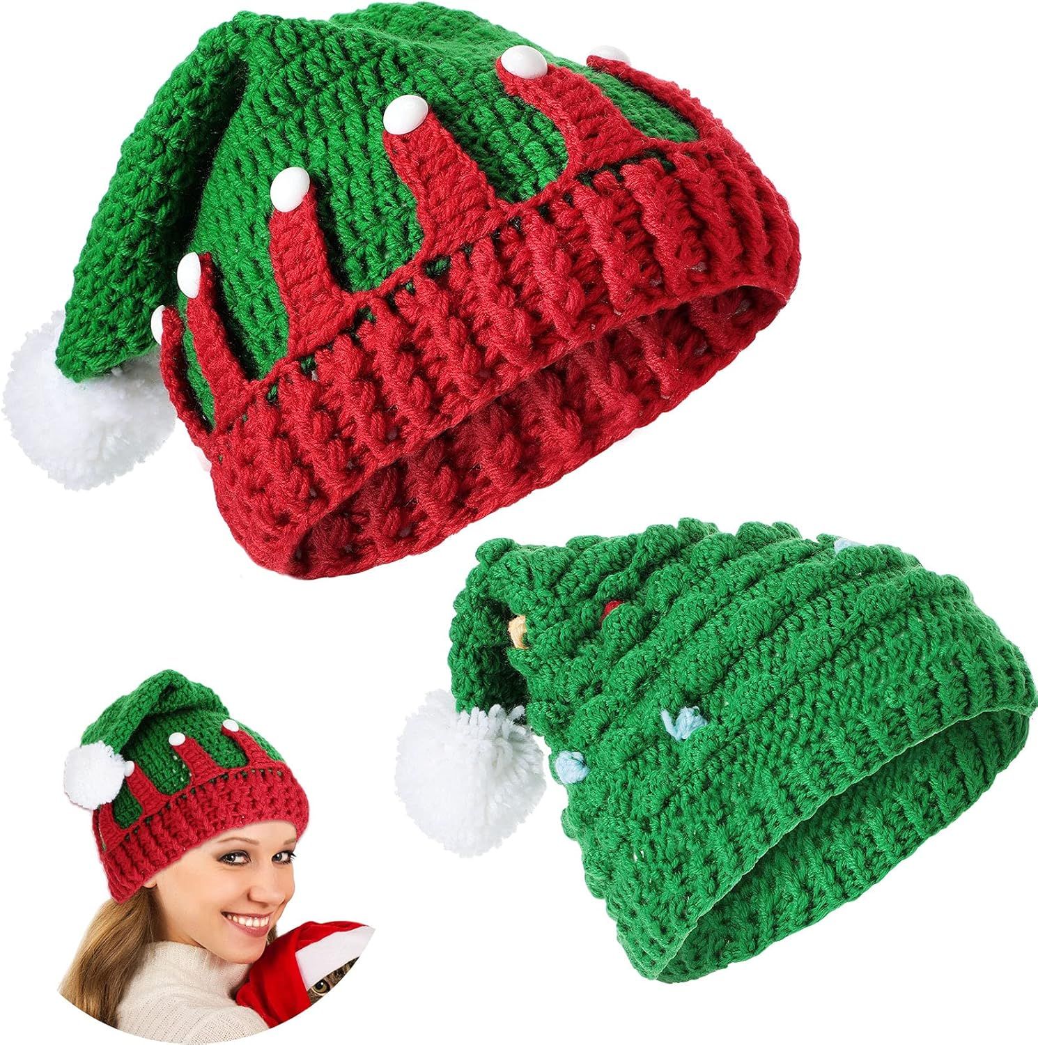 2 Pieces Unisex Christmas Knit Beanie Santa Hat Winter Warm Crochet Bearded Cap with ur Pom Pom Handmade Knitted Reindeer Cap or Adult - Image 1