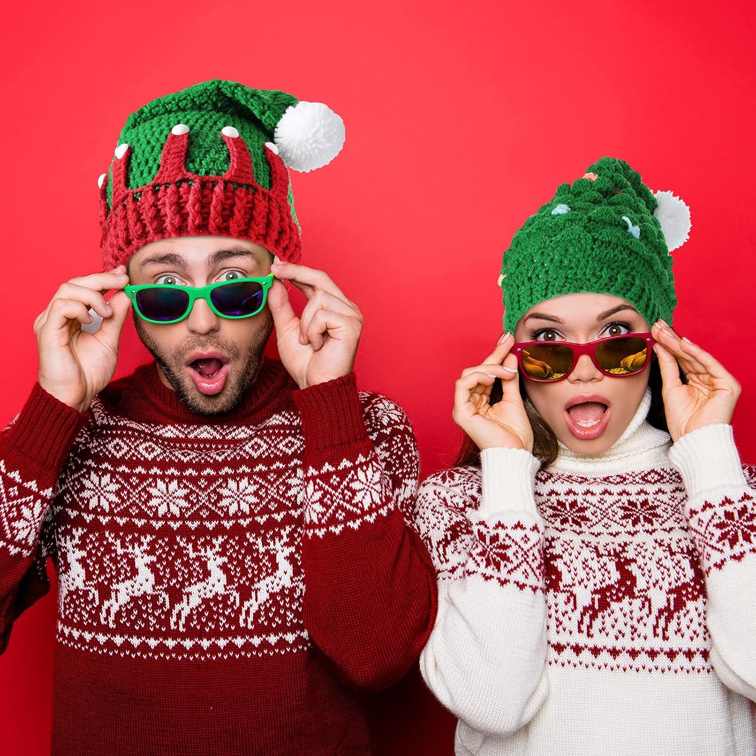 2 Pieces Unisex Christmas Knit Beanie Santa Hat Winter Warm Crochet Bearded Cap with ur Pom Pom Handmade Knitted Reindeer Cap or Adult - Image 2