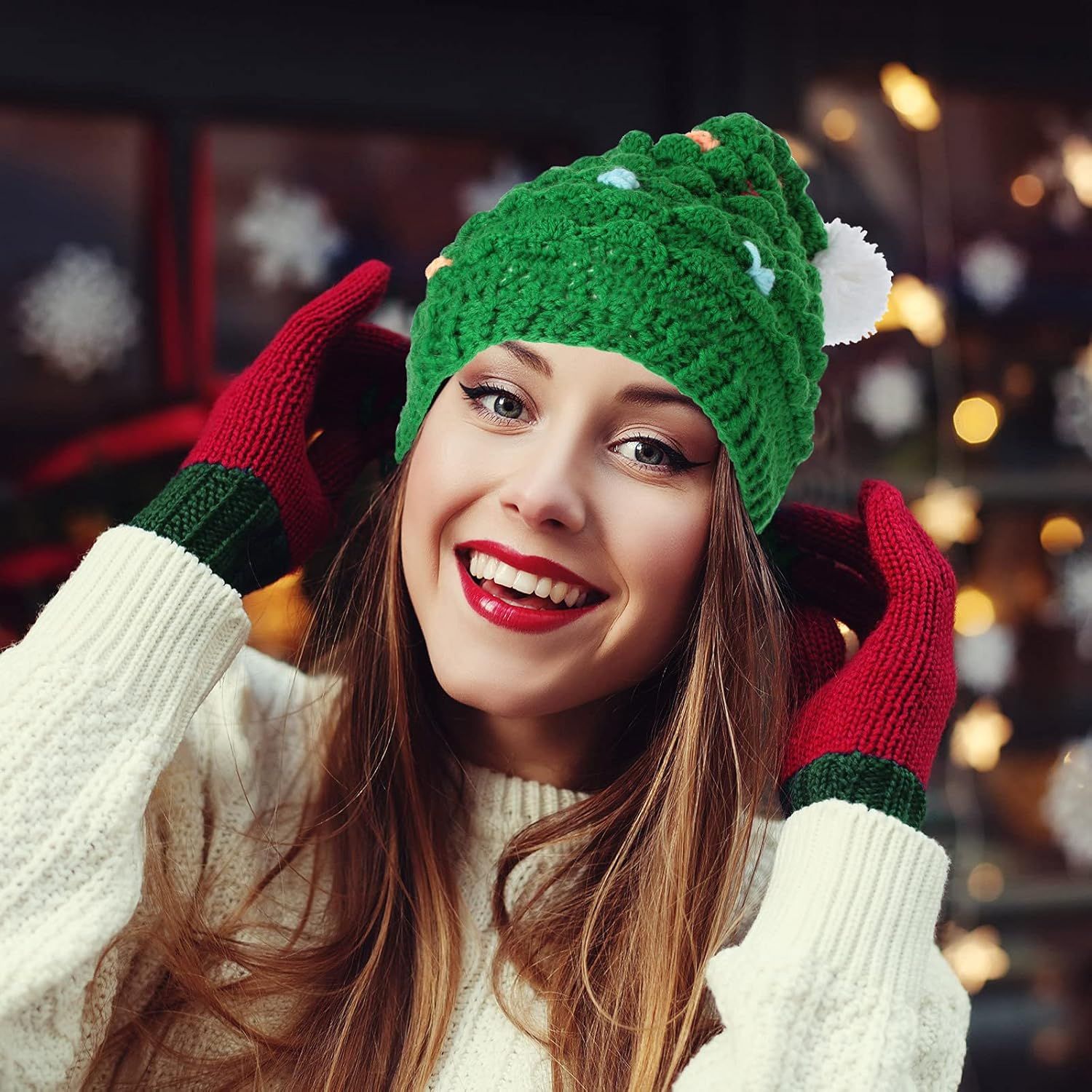 2 Pieces Unisex Christmas Knit Beanie Santa Hat Winter Warm Crochet Bearded Cap with ur Pom Pom Handmade Knitted Reindeer Cap or Adult - Image 3