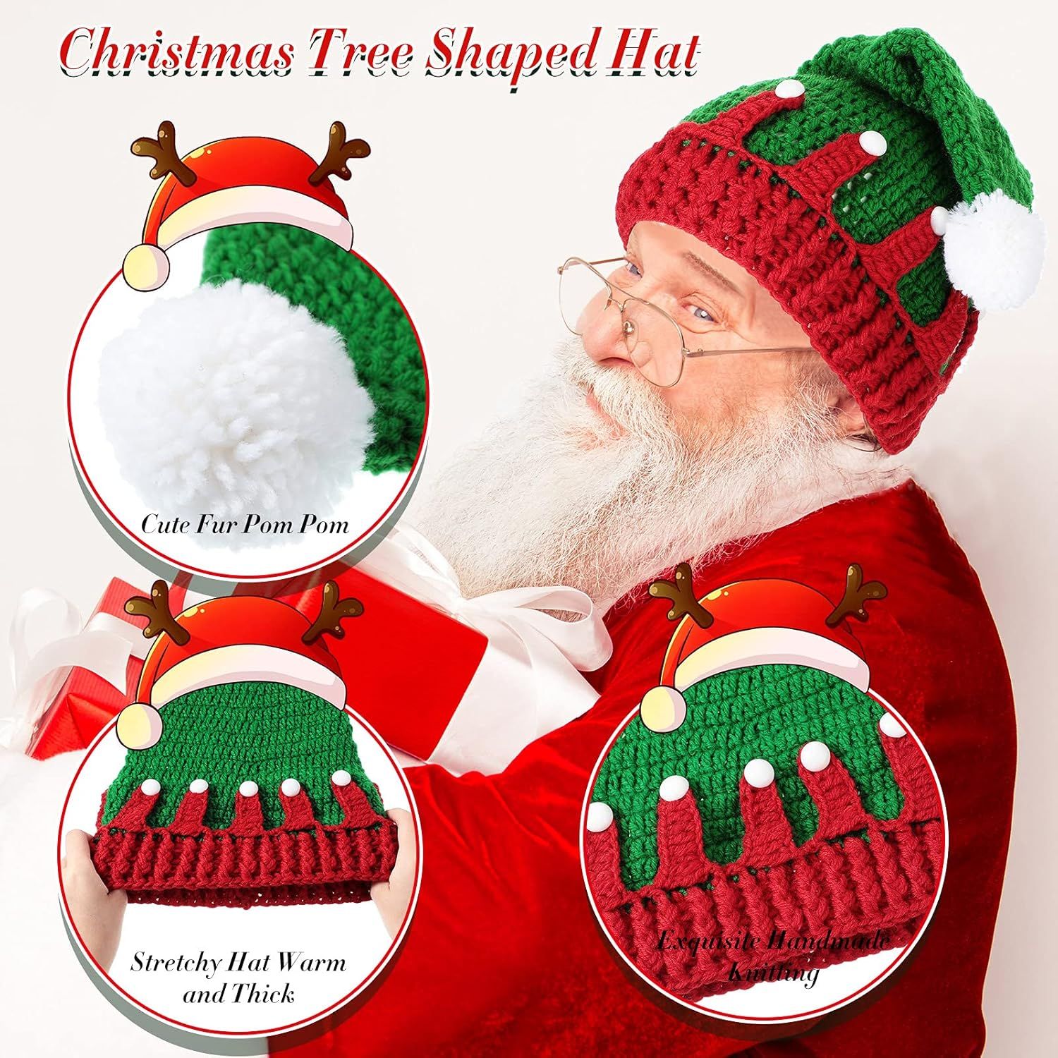 2 Pieces Unisex Christmas Knit Beanie Santa Hat Winter Warm Crochet Bearded Cap with ur Pom Pom Handmade Knitted Reindeer Cap or Adult - Image 4