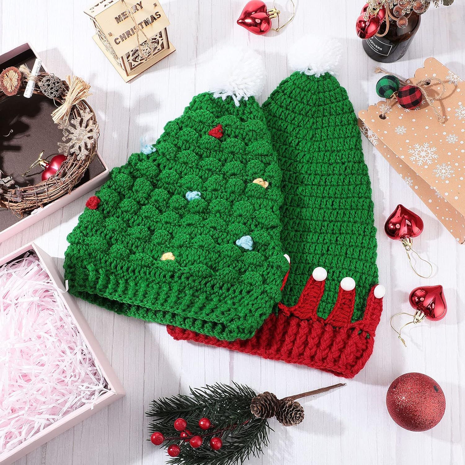 2 Pieces Unisex Christmas Knit Beanie Santa Hat Winter Warm Crochet Bearded Cap with ur Pom Pom Handmade Knitted Reindeer Cap or Adult - Image 6