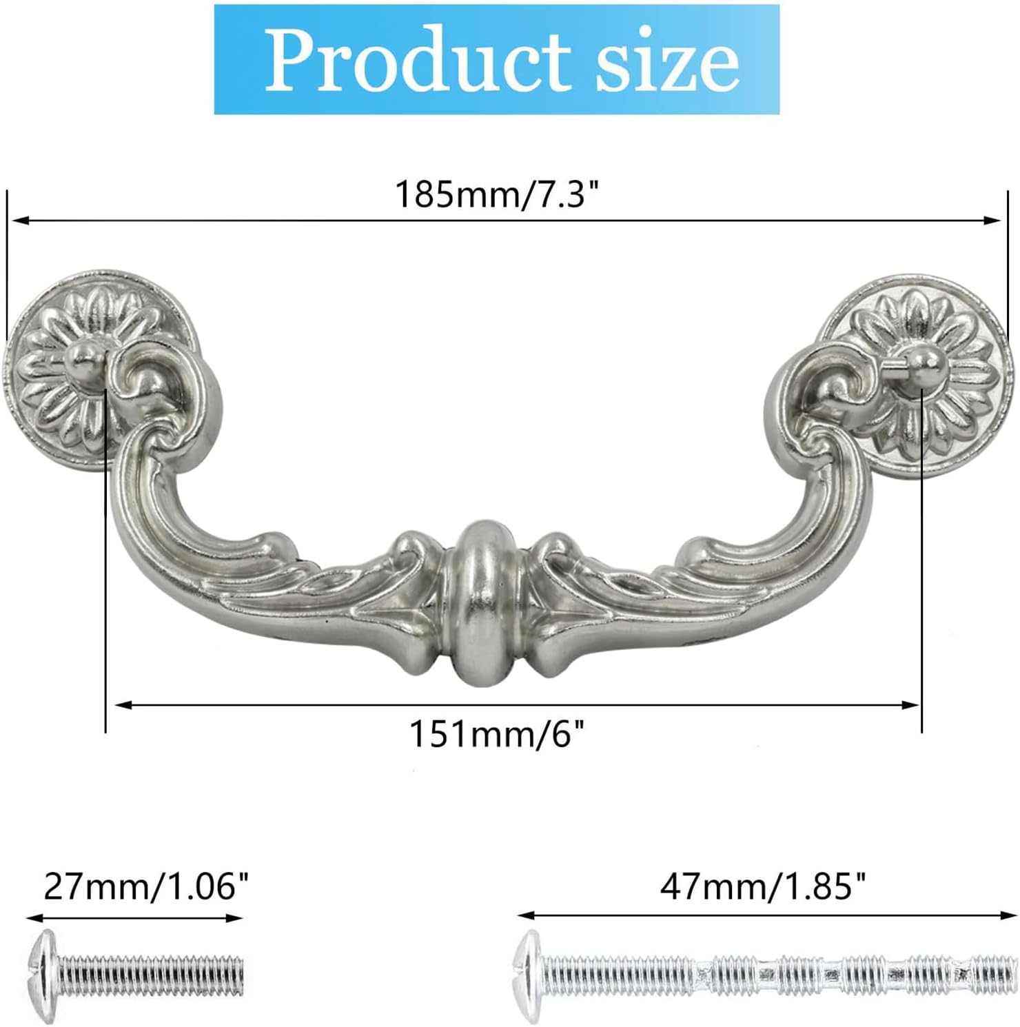 Biaungdo 4 Pcs 150 mm / 6 Inch Hole Center Pull Handles, Zinc Alloy Rustic Vintage Style Drop-Down Bail Swing Dresser Pull Handle Antique Drawer Handles for Kitchen, Cabinet (Silver) - Image 5