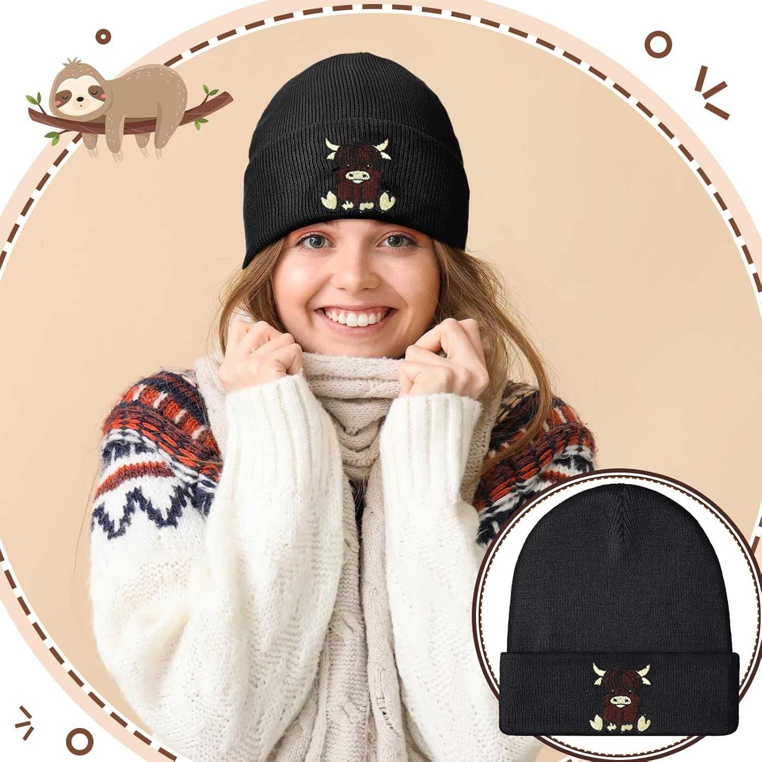 Black Highland Cow Beanie Winter Hat or Women Cute Beanie Womens Winter Hat Gits or Women Gits Animal Lovers - Image 5