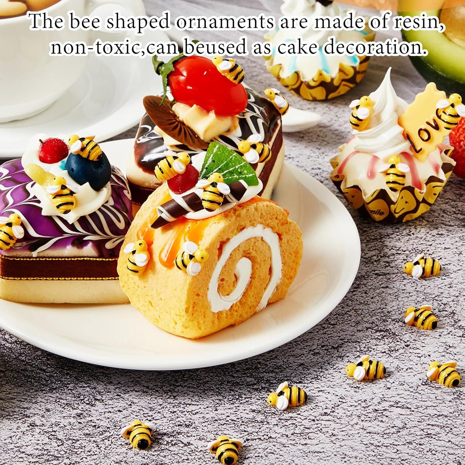 60 Pcs Tiny Resin Bees or Crats, 3 Size Mini Plastic Garden Bees Embellishment or Honey Themed Party Decor Art DIY Crats Baby Shower Birthday Christmas Party Cake Decorations - Image 4