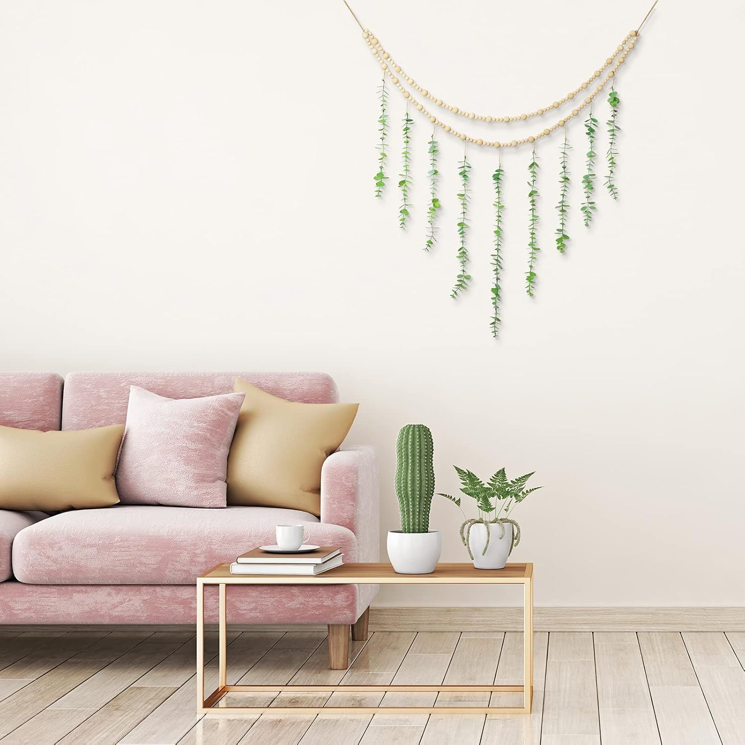 Hanging Eucalyptus Boho Wall Decor Large Boho Bedroom Wall Hanging Wooden Bead Garland Artiicial Eucalyptus Natural Greenery Decoration, 36 x 36 Inch - Image 2