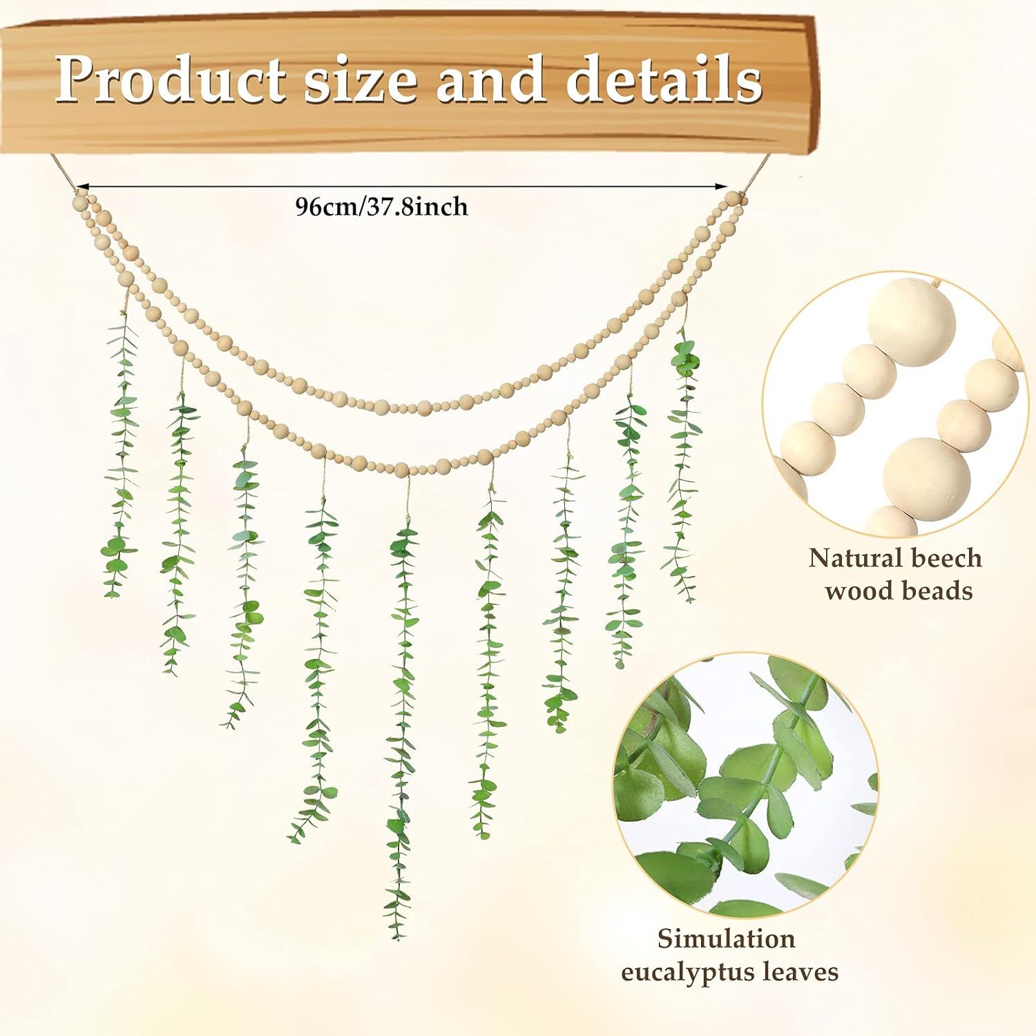 Hanging Eucalyptus Boho Wall Decor Large Boho Bedroom Wall Hanging Wooden Bead Garland Artiicial Eucalyptus Natural Greenery Decoration, 36 x 36 Inch - Image 3