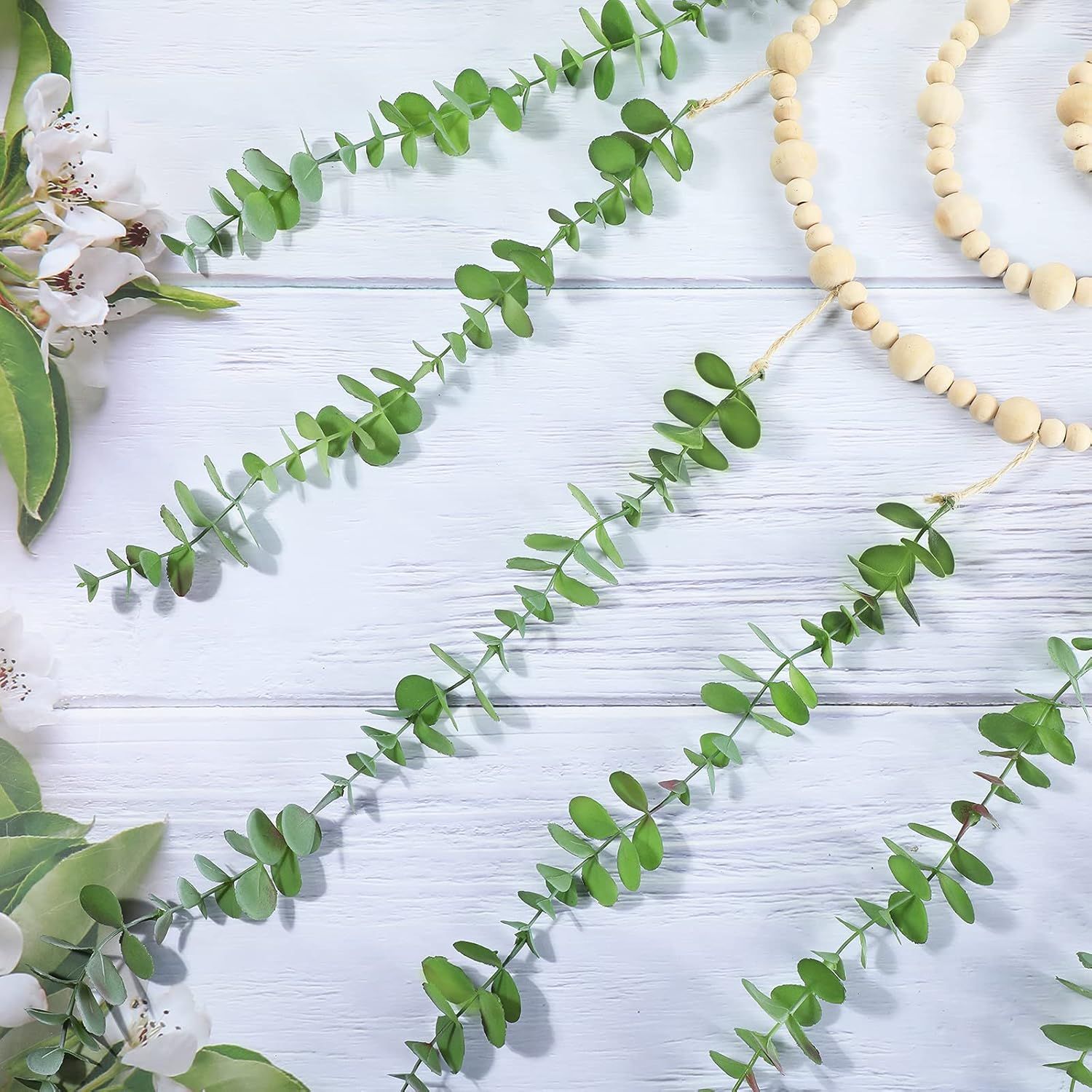 Hanging Eucalyptus Boho Wall Decor Large Boho Bedroom Wall Hanging Wooden Bead Garland Artiicial Eucalyptus Natural Greenery Decoration, 36 x 36 Inch - Image 4