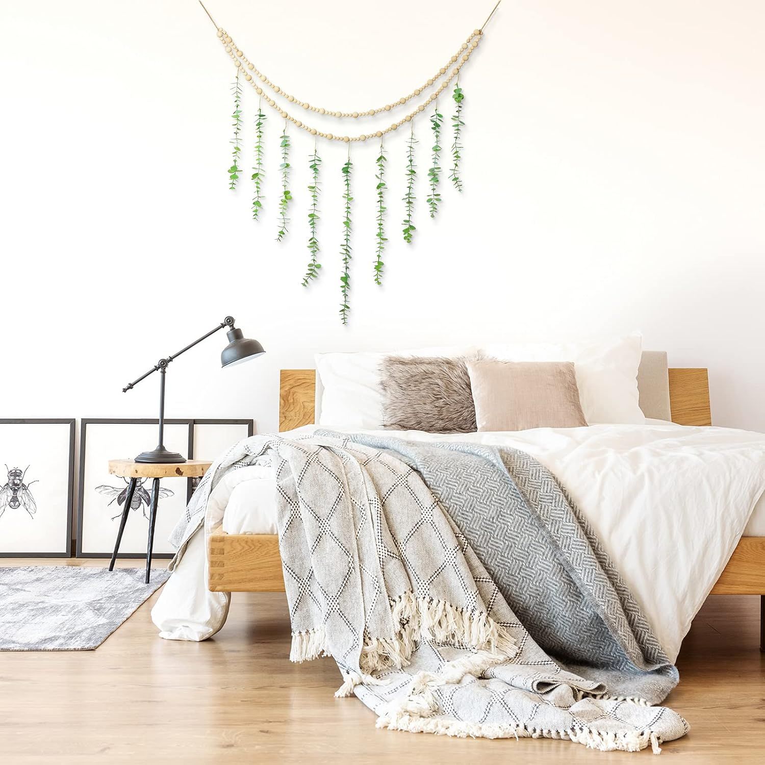 Hanging Eucalyptus Boho Wall Decor Large Boho Bedroom Wall Hanging Wooden Bead Garland Artiicial Eucalyptus Natural Greenery Decoration, 36 x 36 Inch - Image 5