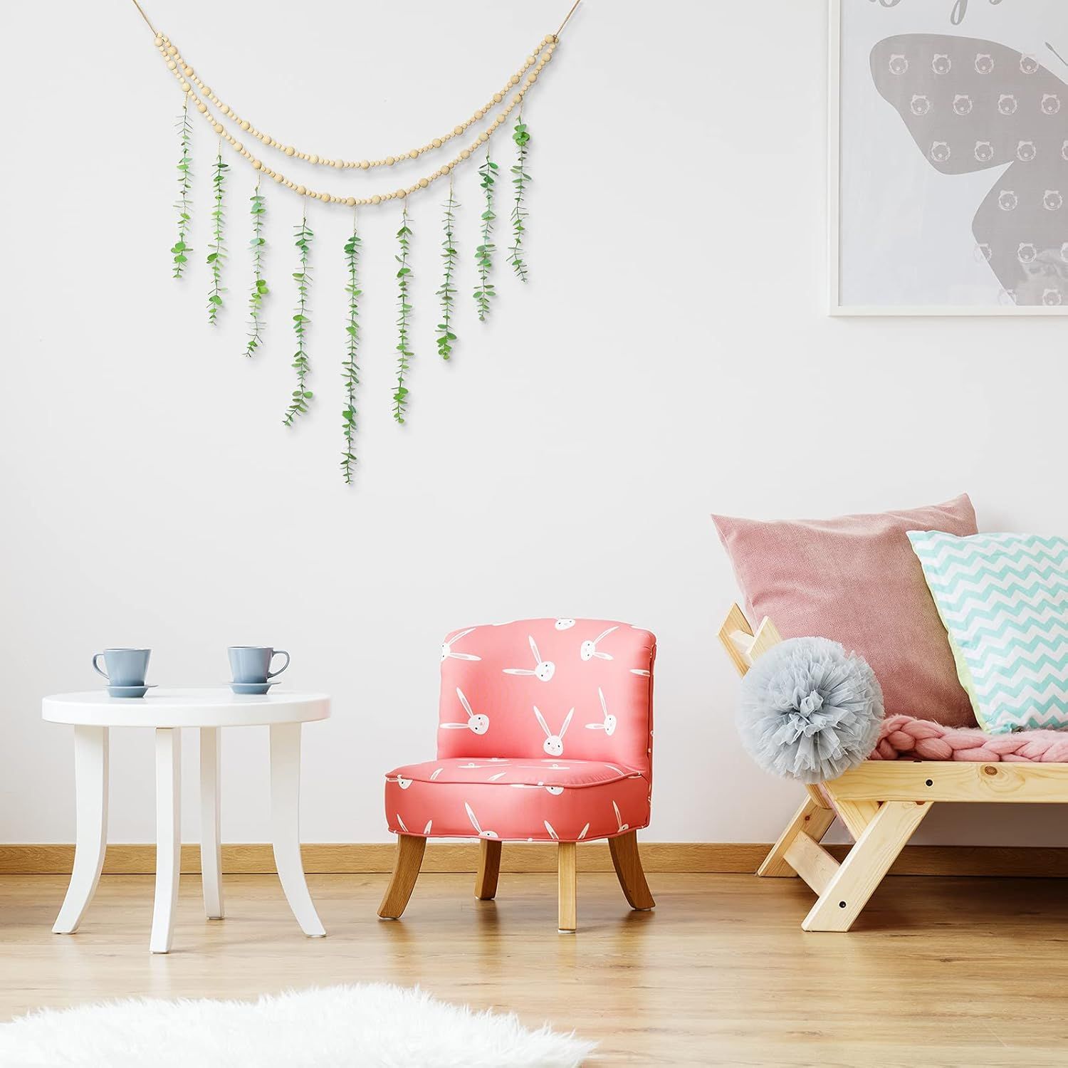 Hanging Eucalyptus Boho Wall Decor Large Boho Bedroom Wall Hanging Wooden Bead Garland Artiicial Eucalyptus Natural Greenery Decoration, 36 x 36 Inch - Image 6