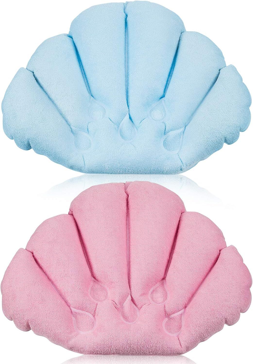 2 Pieces Inlatable Bath Pillow with Suction Cups, Terry Cloth Covered Bath Pillow Shell Shape Bathtub Spa Pillow Comortable Sot Bath Cushion, Neck Support or Bathtub, Hot Tub, Home Spa Tub - Image 1