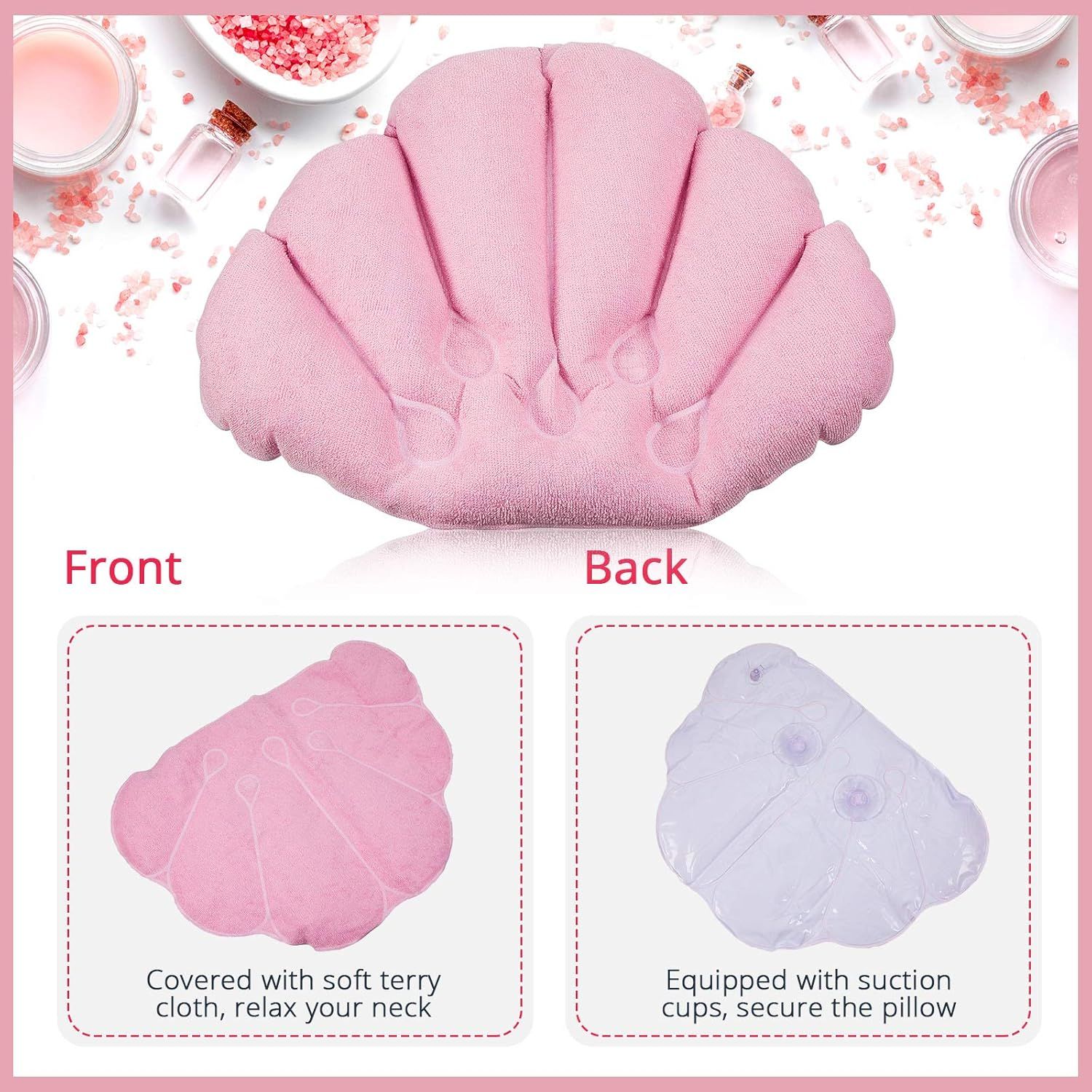 2 Pieces Inlatable Bath Pillow with Suction Cups, Terry Cloth Covered Bath Pillow Shell Shape Bathtub Spa Pillow Comortable Sot Bath Cushion, Neck Support or Bathtub, Hot Tub, Home Spa Tub - Image 3