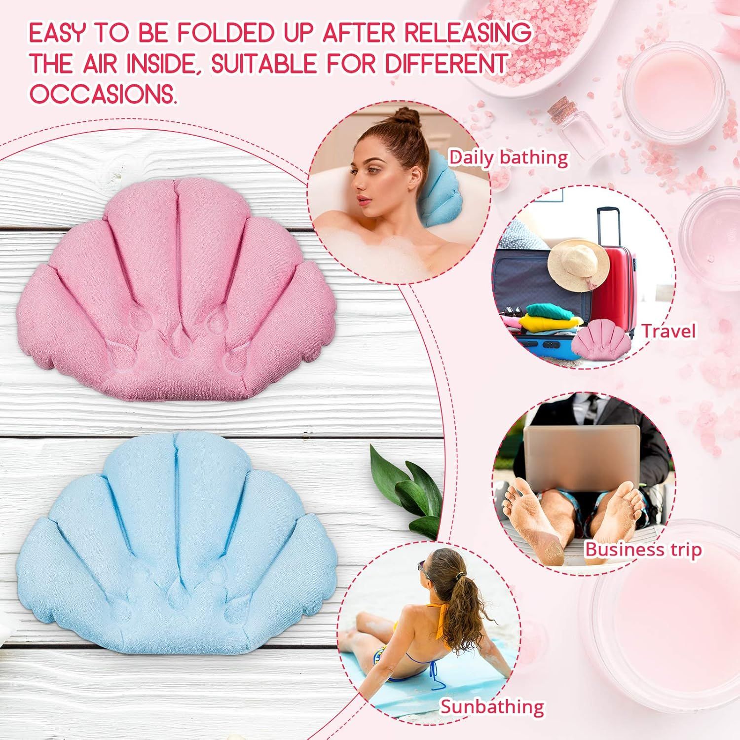 2 Pieces Inlatable Bath Pillow with Suction Cups, Terry Cloth Covered Bath Pillow Shell Shape Bathtub Spa Pillow Comortable Sot Bath Cushion, Neck Support or Bathtub, Hot Tub, Home Spa Tub - Image 4