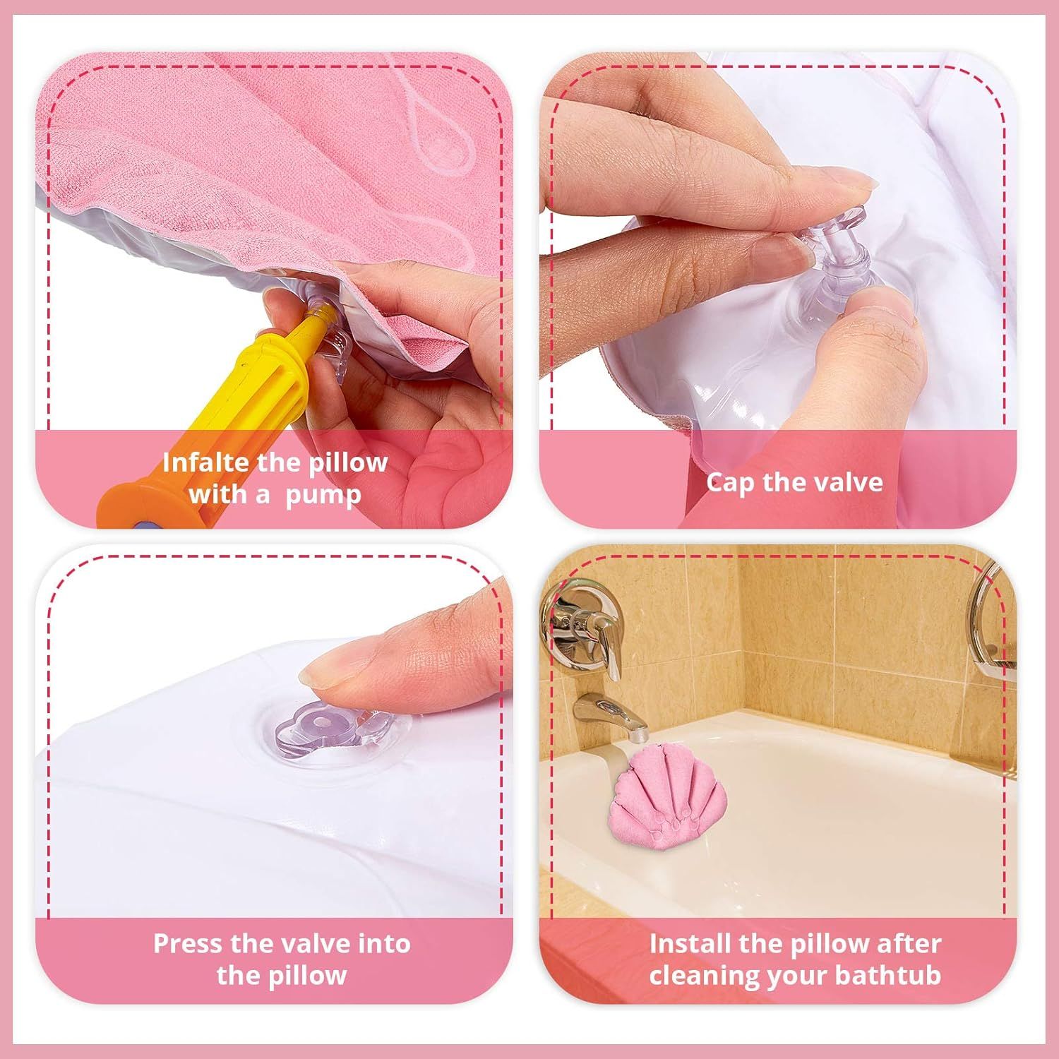 2 Pieces Inlatable Bath Pillow with Suction Cups, Terry Cloth Covered Bath Pillow Shell Shape Bathtub Spa Pillow Comortable Sot Bath Cushion, Neck Support or Bathtub, Hot Tub, Home Spa Tub - Image 6