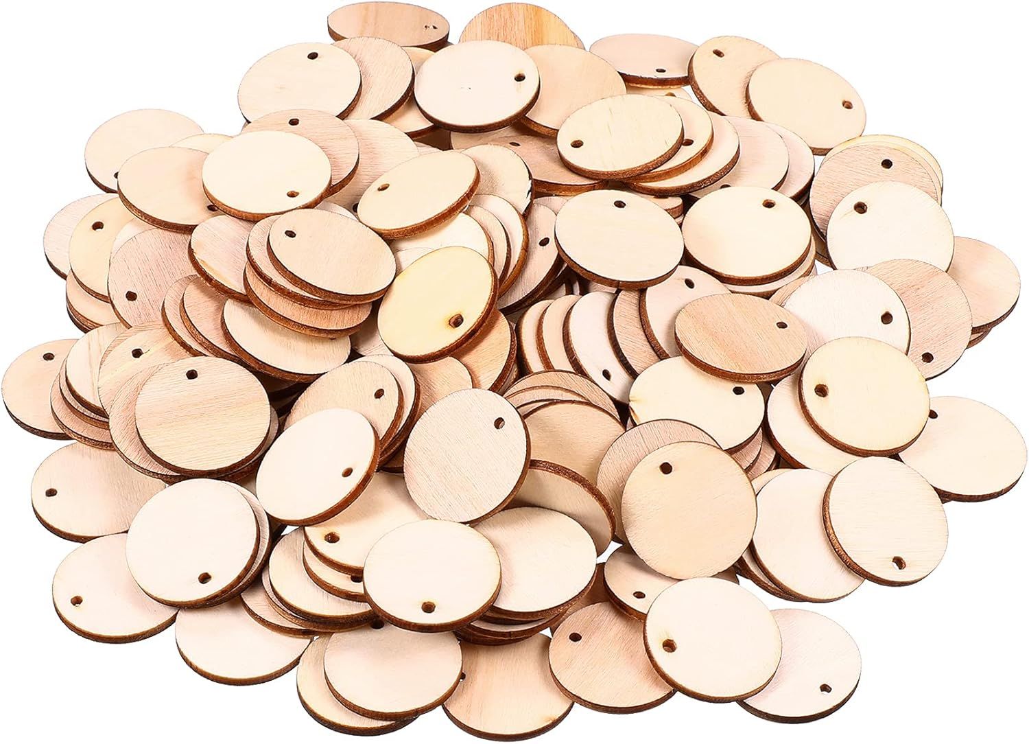 200 Pieces Uninished Blank Wood Circle Pendants Round Disc Circle Wood Pieces Round Wooden Disk with Hole Small Wooden Pendant or Crat Decoration Embellishment (Diameter 1 Inch, Aperture 0.08 Inch) - Image 1