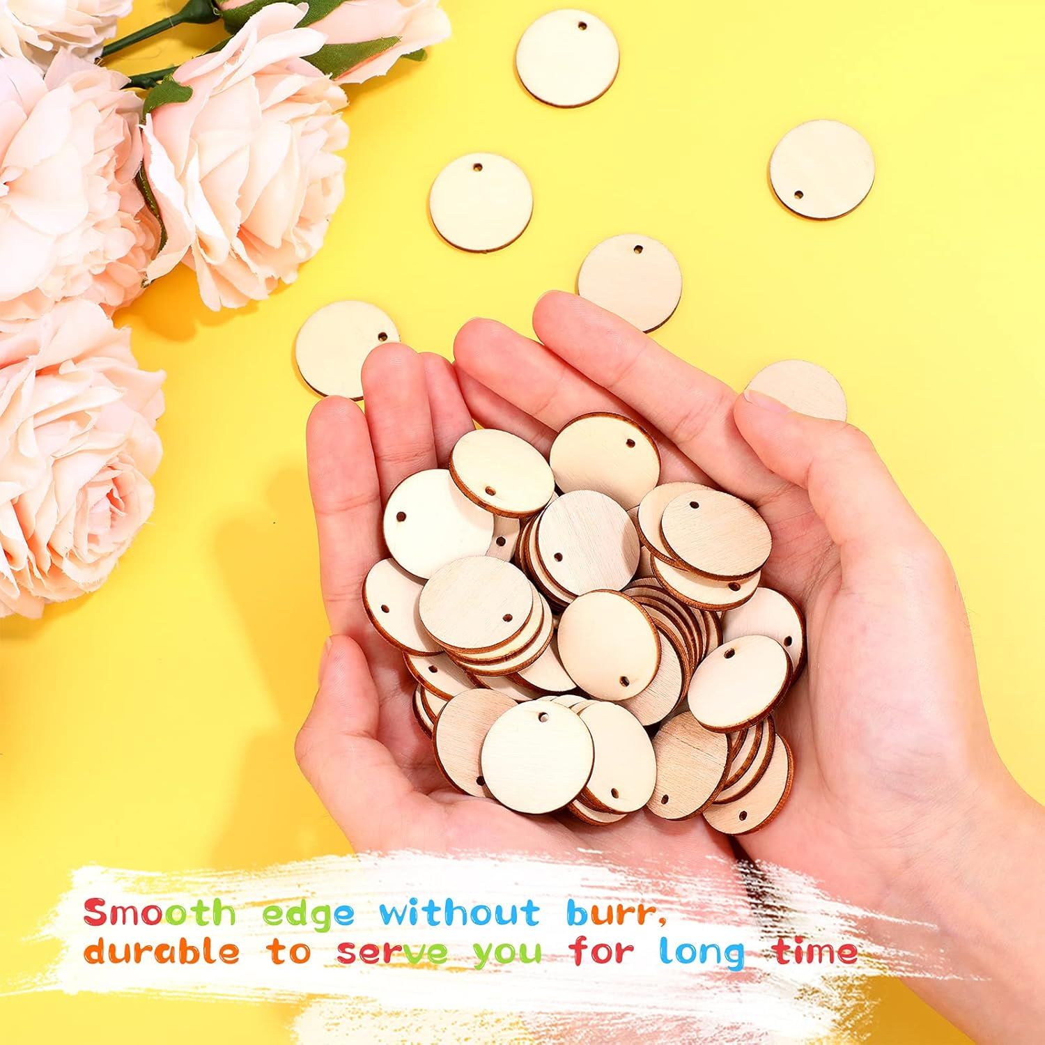 200 Pieces Uninished Blank Wood Circle Pendants Round Disc Circle Wood Pieces Round Wooden Disk with Hole Small Wooden Pendant or Crat Decoration Embellishment (Diameter 1 Inch, Aperture 0.08 Inch) - Image 2