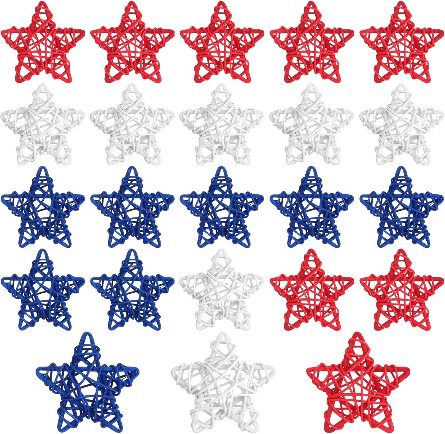 24 Pcs 4th o July Natural Rattan Stars Decoration 250th Anniversary Memorial Day Patriotic Red White Blue Wicker Rattan Stars or Vase Bowl iller Home DIY Crat Ornament Hanging Table Decor - Image 1