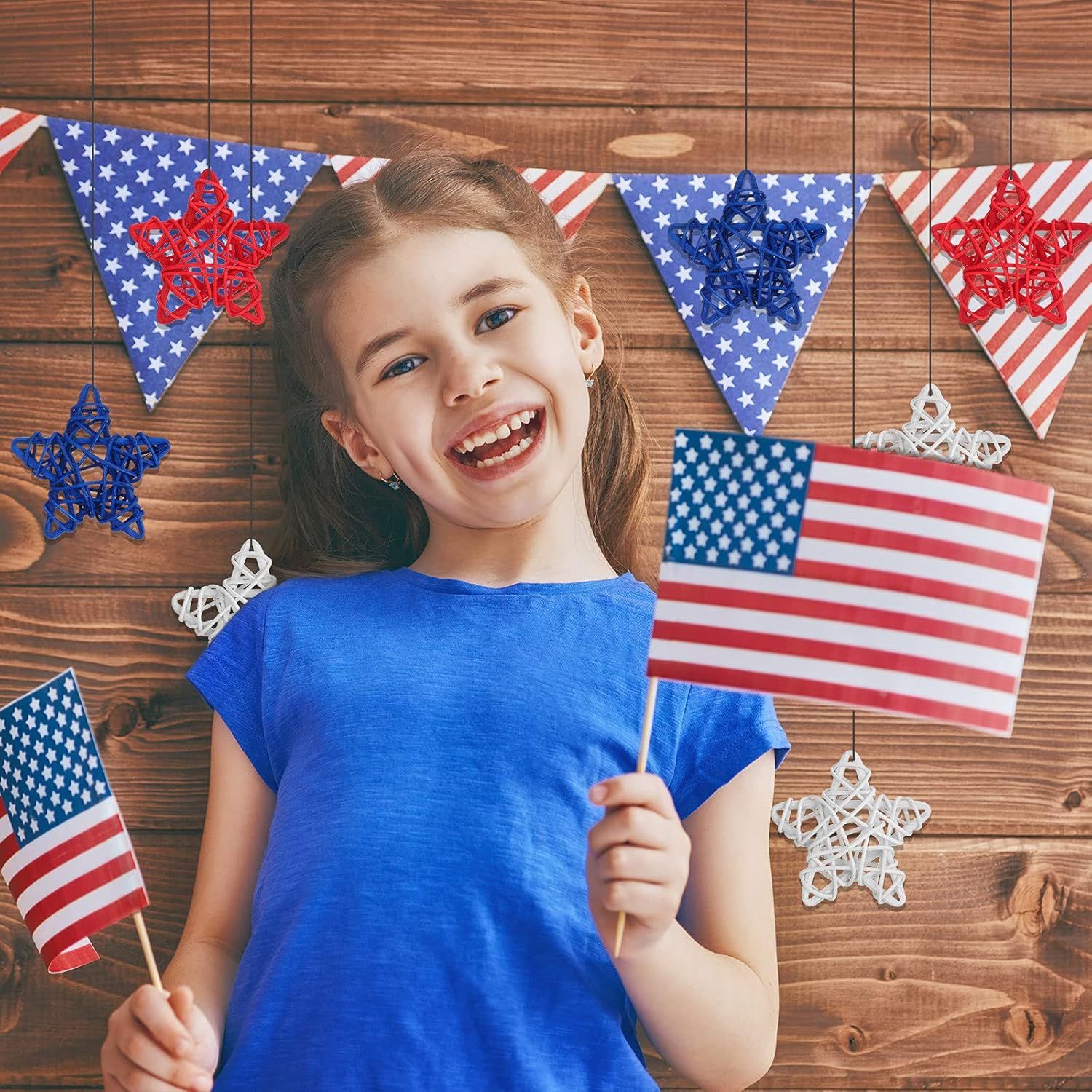 24 Pcs 4th o July Natural Rattan Stars Decoration 250th Anniversary Memorial Day Patriotic Red White Blue Wicker Rattan Stars or Vase Bowl iller Home DIY Crat Ornament Hanging Table Decor - Image 2