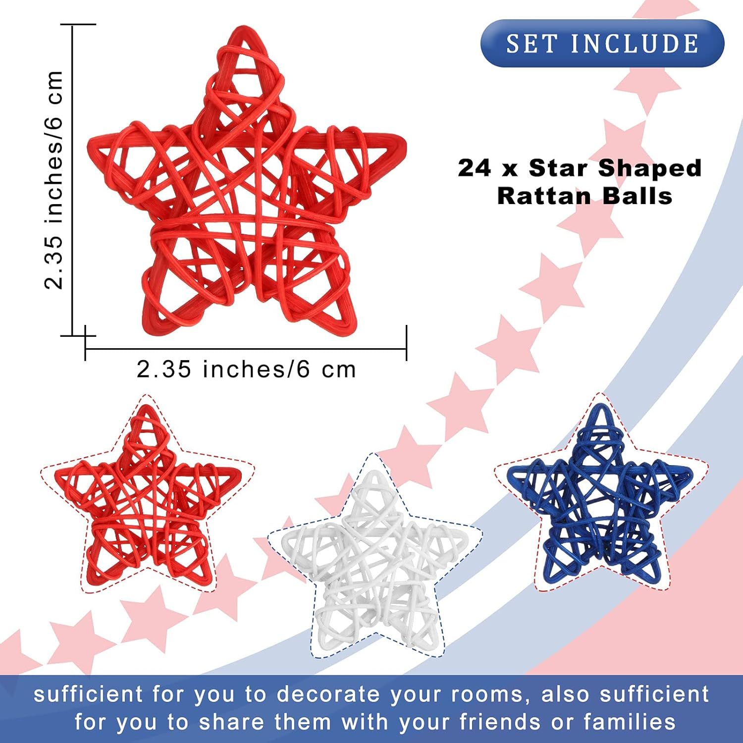 24 Pcs 4th o July Natural Rattan Stars Decoration 250th Anniversary Memorial Day Patriotic Red White Blue Wicker Rattan Stars or Vase Bowl iller Home DIY Crat Ornament Hanging Table Decor - Image 3