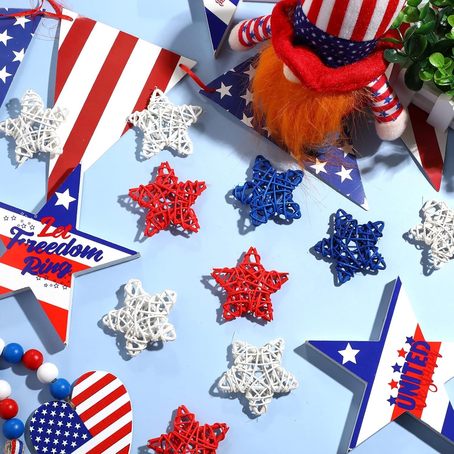 24 Pcs 4th o July Natural Rattan Stars Decoration 250th Anniversary Memorial Day Patriotic Red White Blue Wicker Rattan Stars or Vase Bowl iller Home DIY Crat Ornament Hanging Table Decor - Image 5