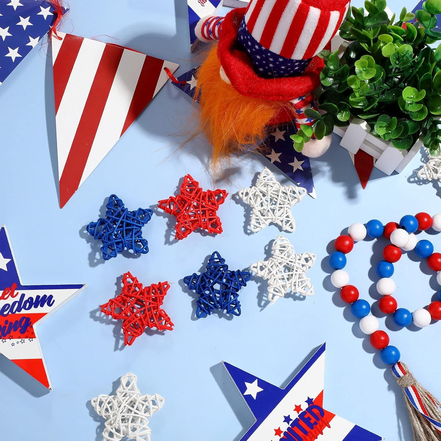 24 Pcs 4th o July Natural Rattan Stars Decoration 250th Anniversary Memorial Day Patriotic Red White Blue Wicker Rattan Stars or Vase Bowl iller Home DIY Crat Ornament Hanging Table Decor - Image 7