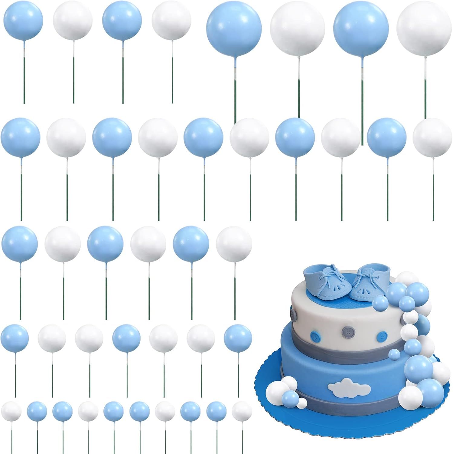66 Pcs Ball Cake Topper Decorations Mini Balloon Sticks DIY Cake Picks Insert oam Balls or Graduation Wedding Party Birthday Decorating Supplies(Blue, White) - Image 1