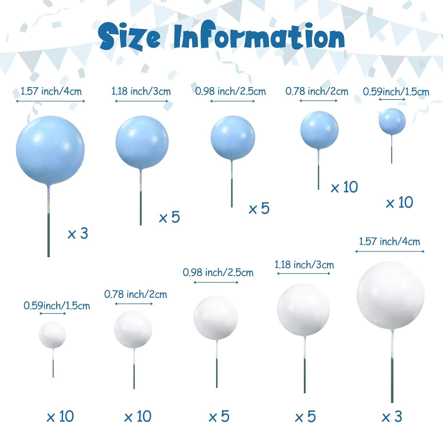66 Pcs Ball Cake Topper Decorations Mini Balloon Sticks DIY Cake Picks Insert oam Balls or Graduation Wedding Party Birthday Decorating Supplies(Blue, White) - Image 3