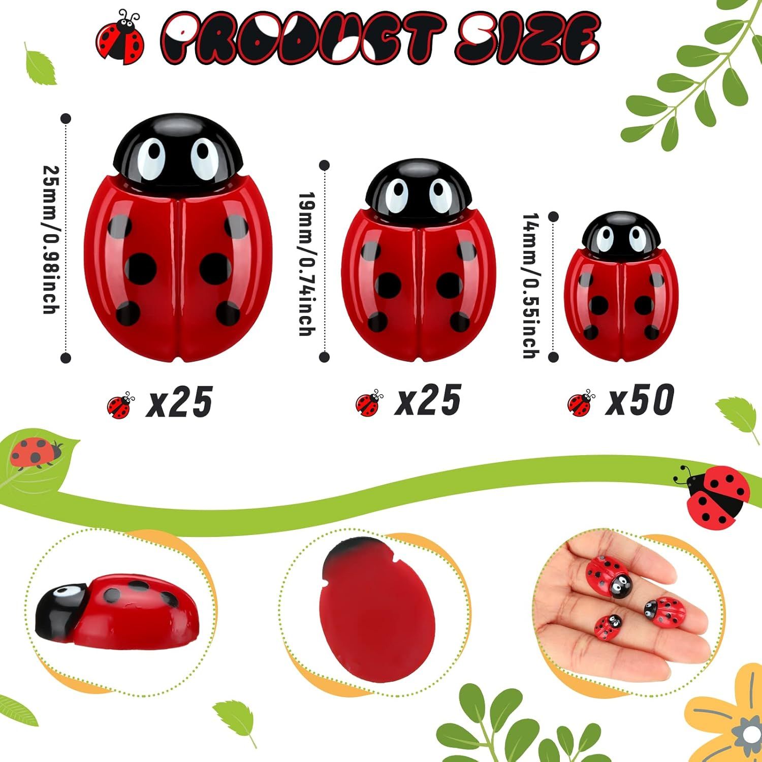 100 Pieces Tiny Resin Ladybugs Decor 0.55''-0.98'' 3 Sizes Mini Ladybugs Ornaments Miniature igurines Crat or DIY airy Garden Dollhouse Micro Landscaping Wreath Cake Home Decoration Party - Image 3